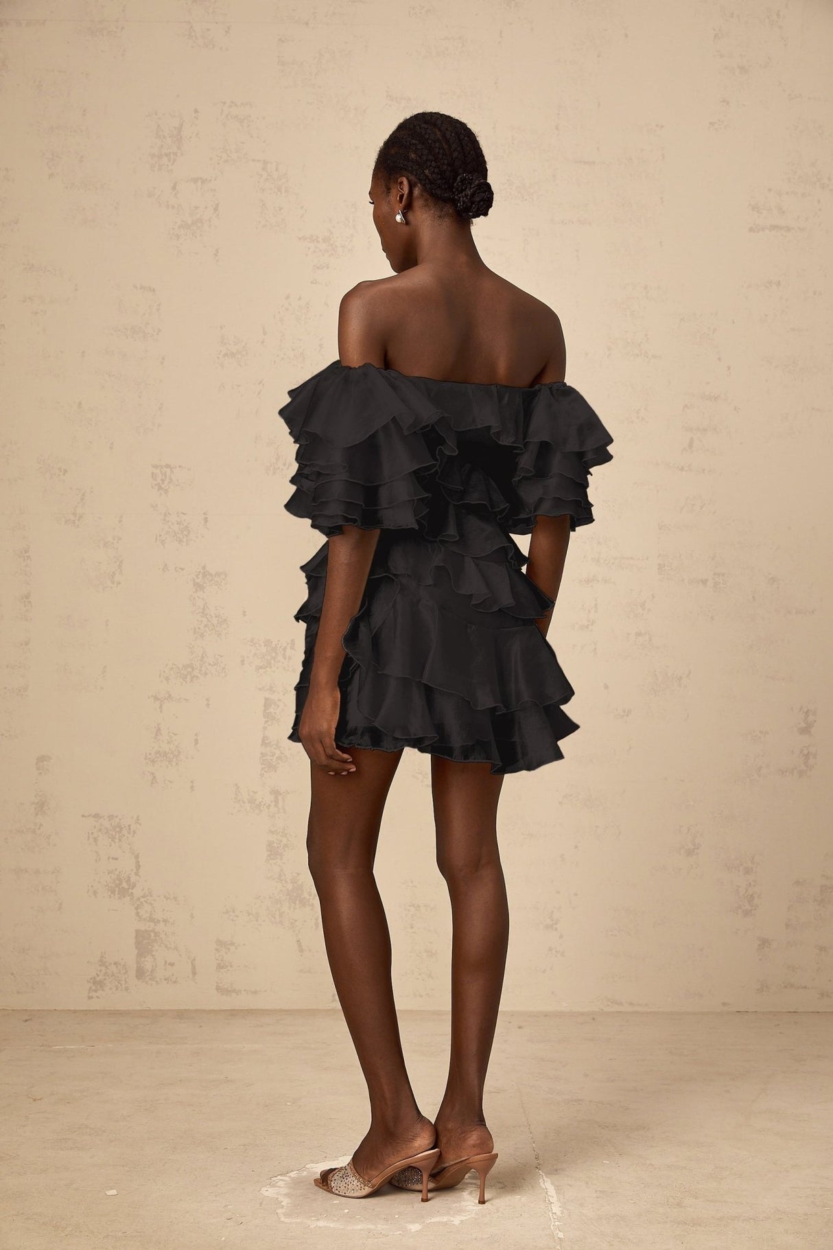 Laura Mini Dress Laura Asymmetric Ruffle Black Floral Applique