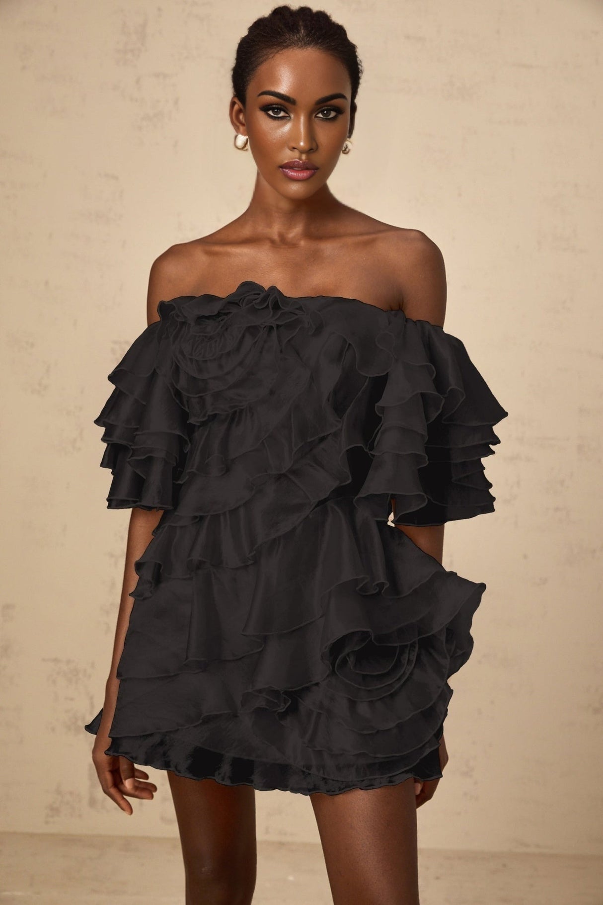 Laura Mini Dress Laura Asymmetric Ruffle Black Floral Applique