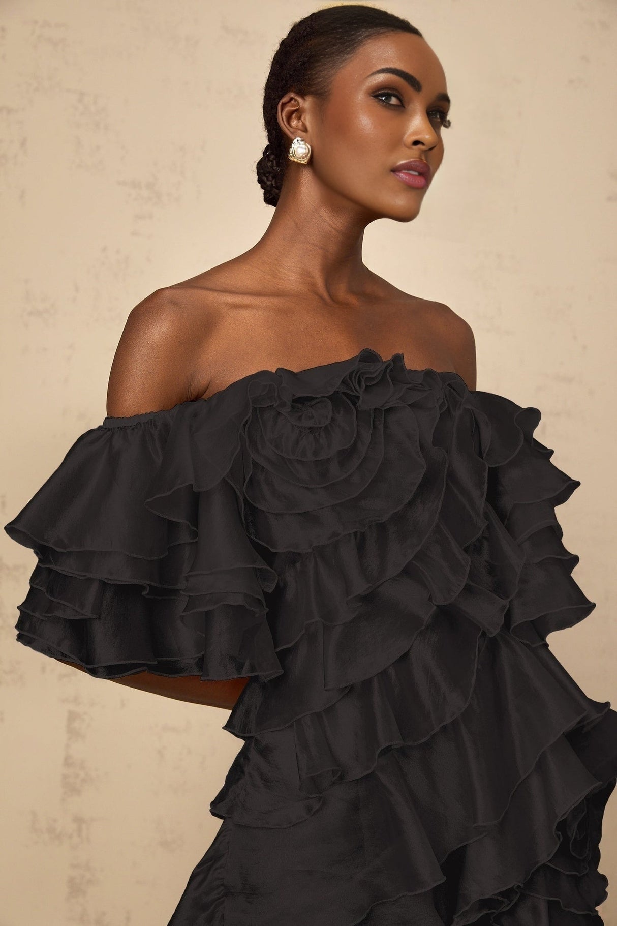 Laura Mini Dress Laura Asymmetric Ruffle Black Floral Applique