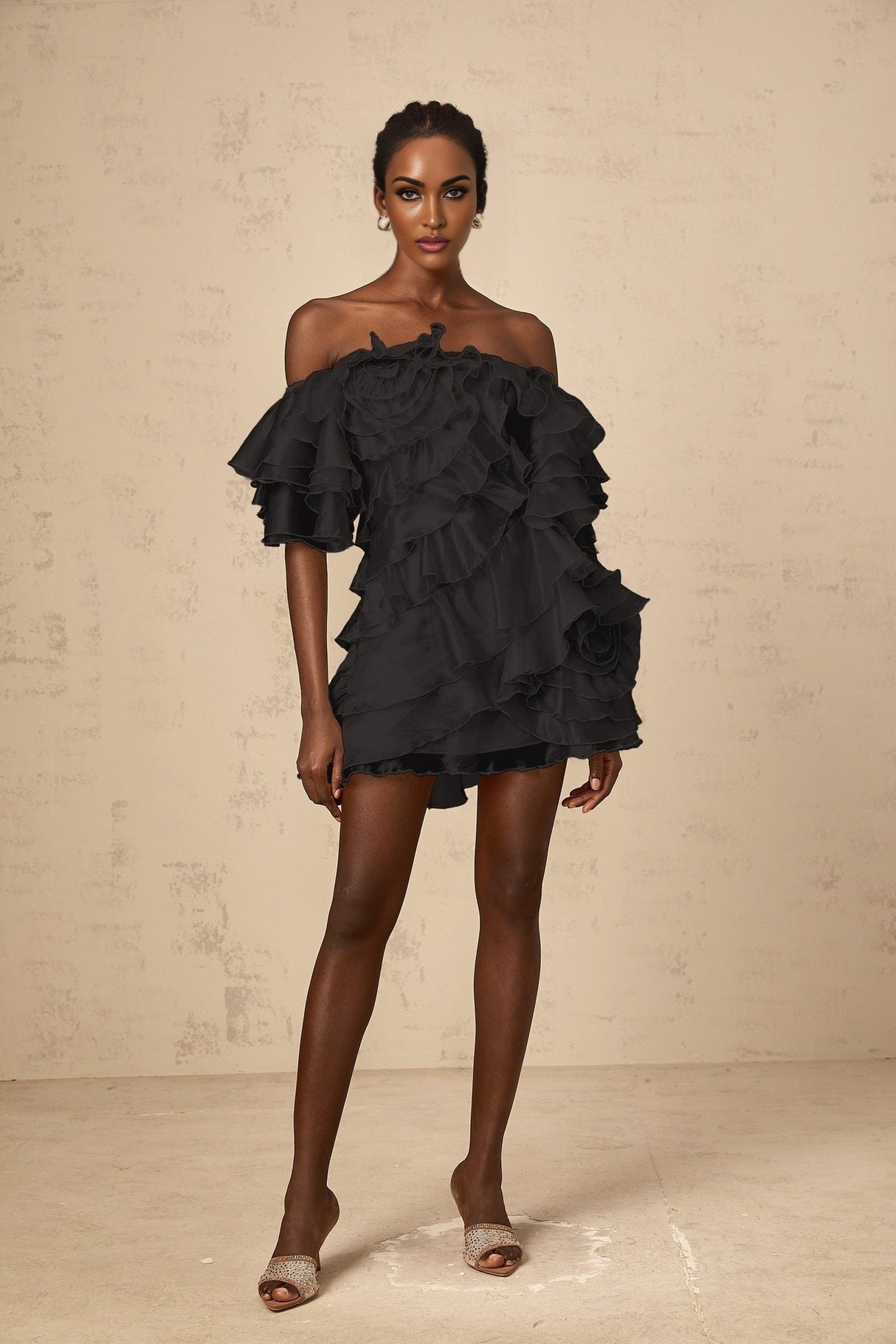 Laura Mini Dress Laura Asymmetric Ruffle Black Floral Applique