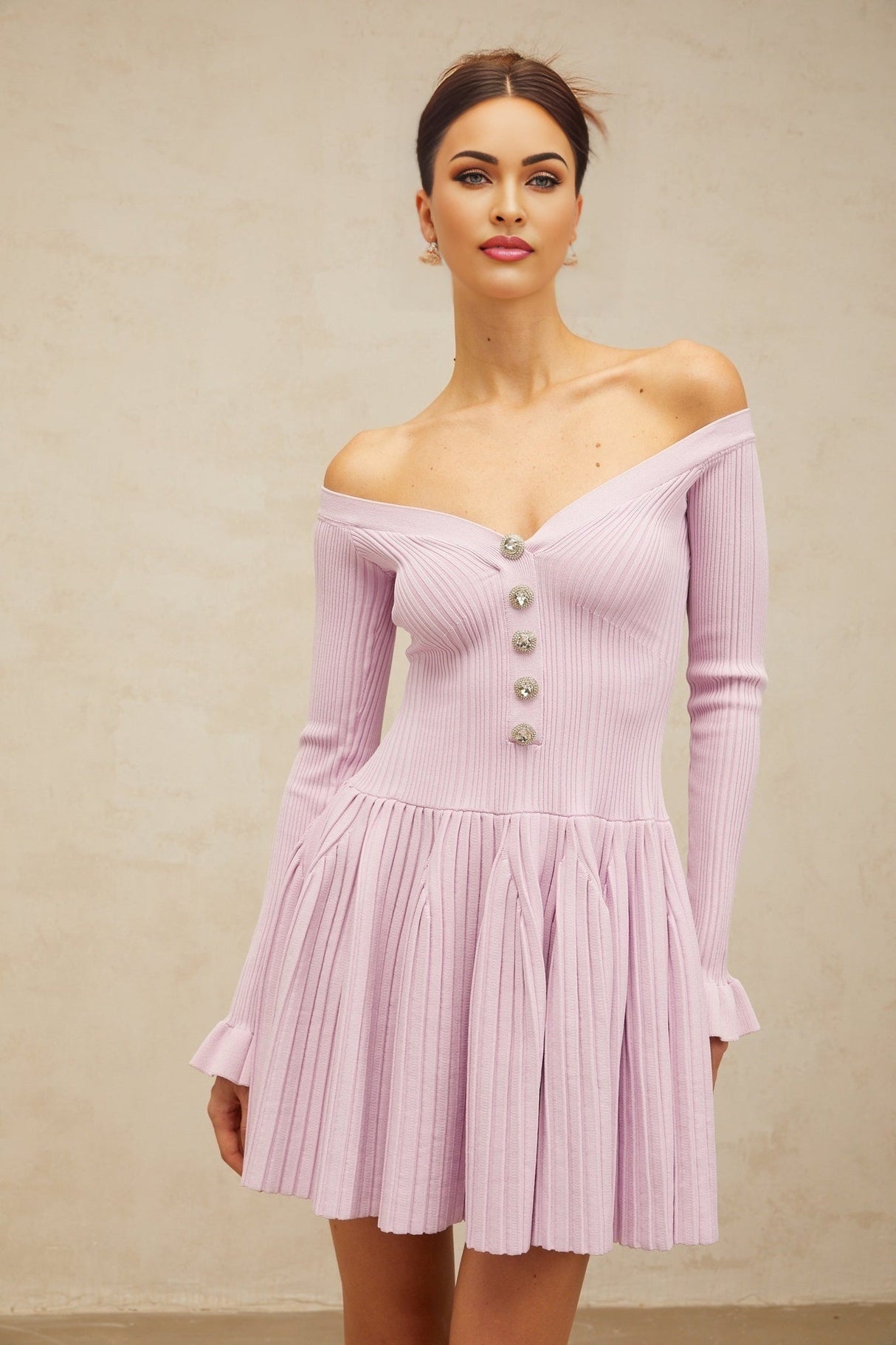 Laura Mini Dress Light Purple VNeck Off Shoulder Ribbed Knit