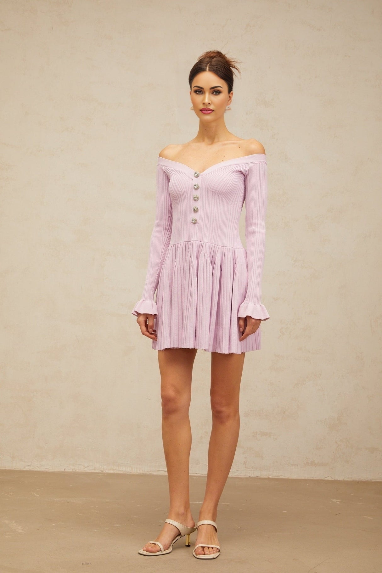 Laura Mini Dress Light Purple VNeck Off Shoulder Ribbed Knit