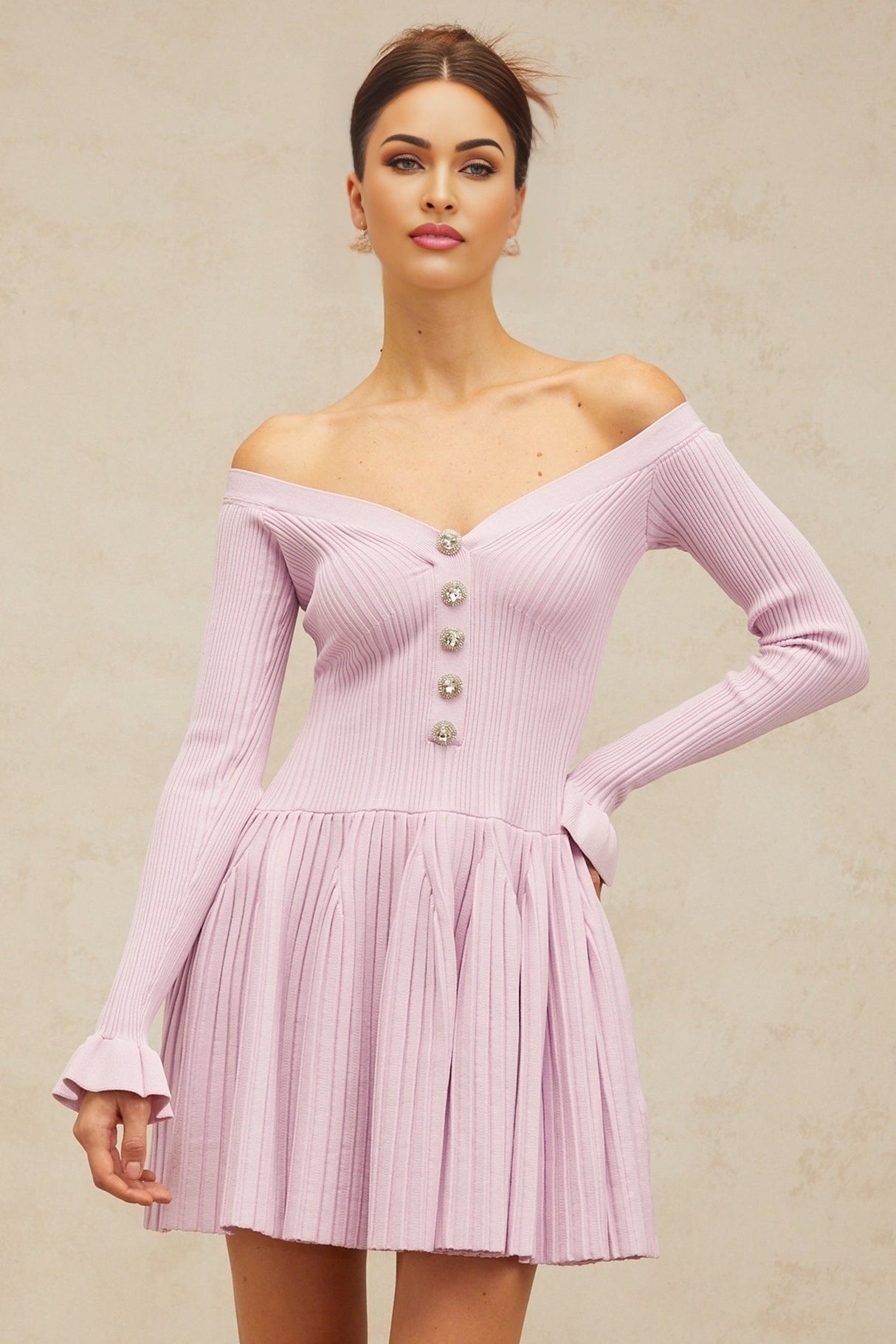 Laura Mini Dress Light Purple VNeck Off Shoulder Ribbed Knit