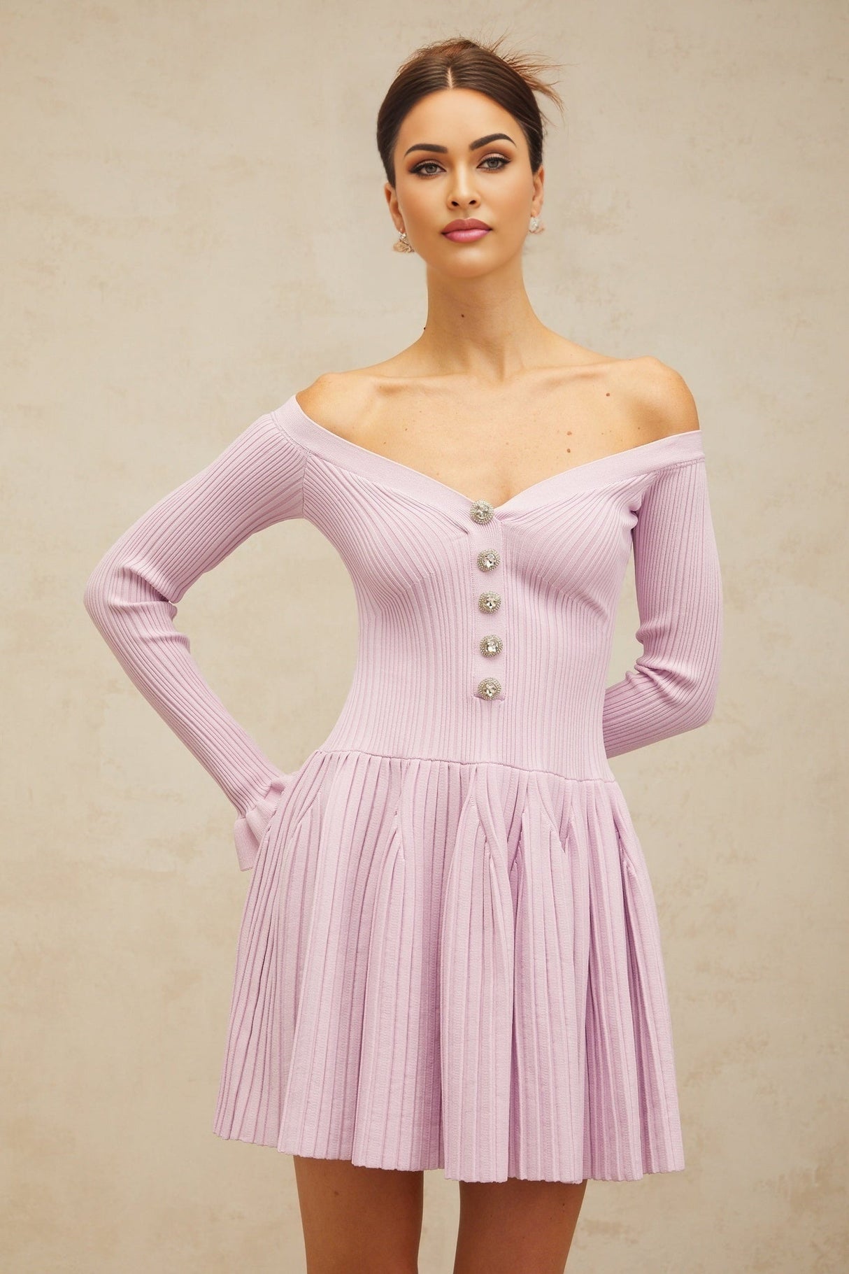 Laura Mini Dress Light Purple VNeck Off Shoulder Ribbed Knit