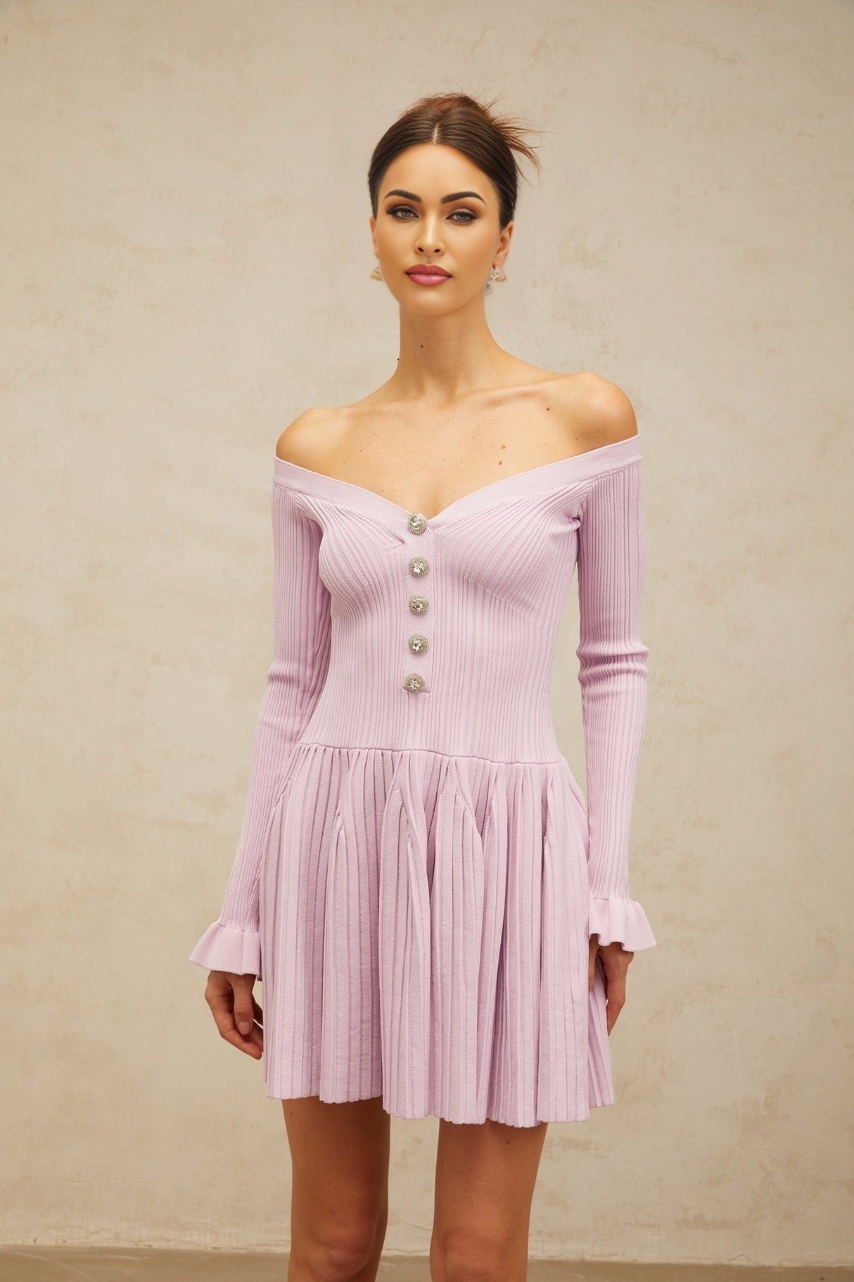 Laura Mini Dress Light Purple VNeck Off Shoulder Ribbed Knit