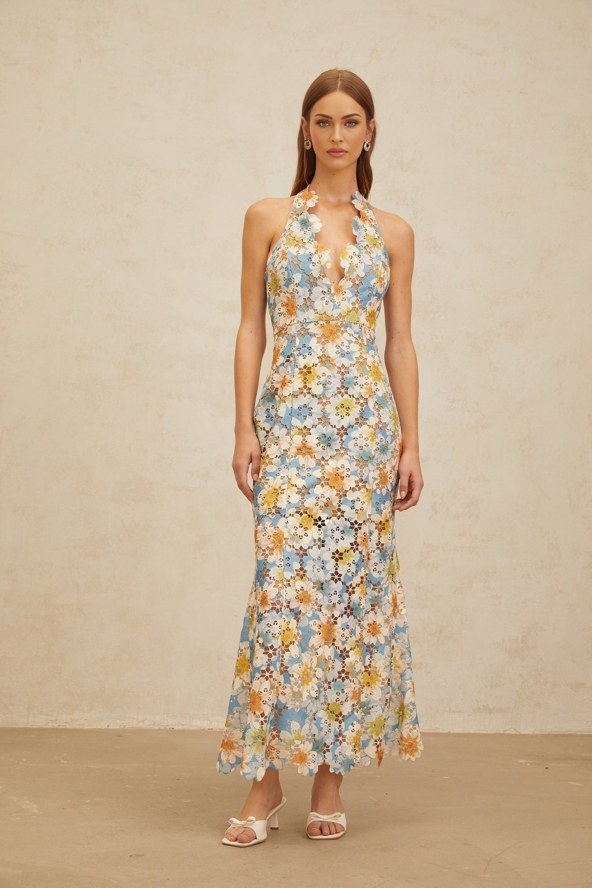 Lauretta Maxi Dress - Blue Floral Lace Cut - Out halter neck Sleeveless Open Back Fitted Flared Hem Elegant Chic Embroidery Fastening Feminine - Length Trendy