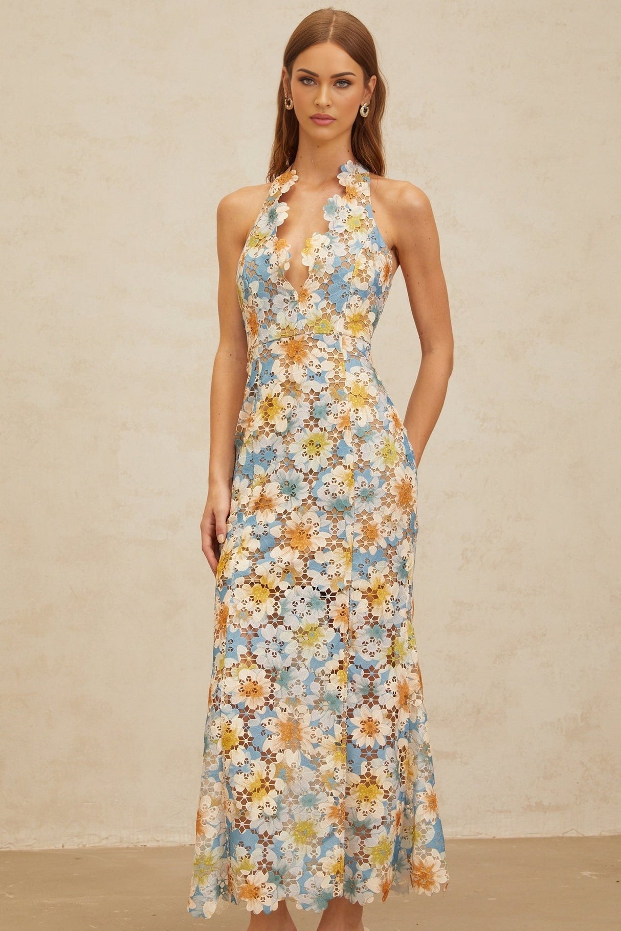 Lauretta Maxi Dress - Blue Floral Lace Cut - Out halter neck Sleeveless Open Back Fitted Flared Hem Elegant Chic Embroidery Fastening Feminine - Length Trendy