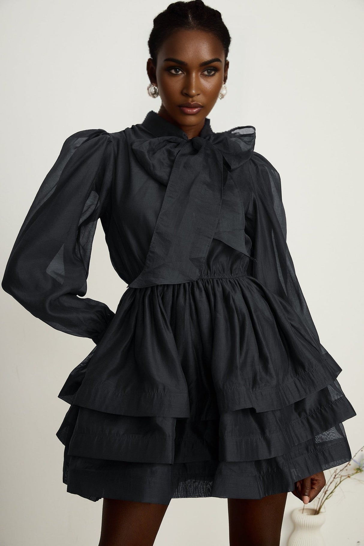Lauretta Mini Dress Black Tiered Flare & Scarf Collar