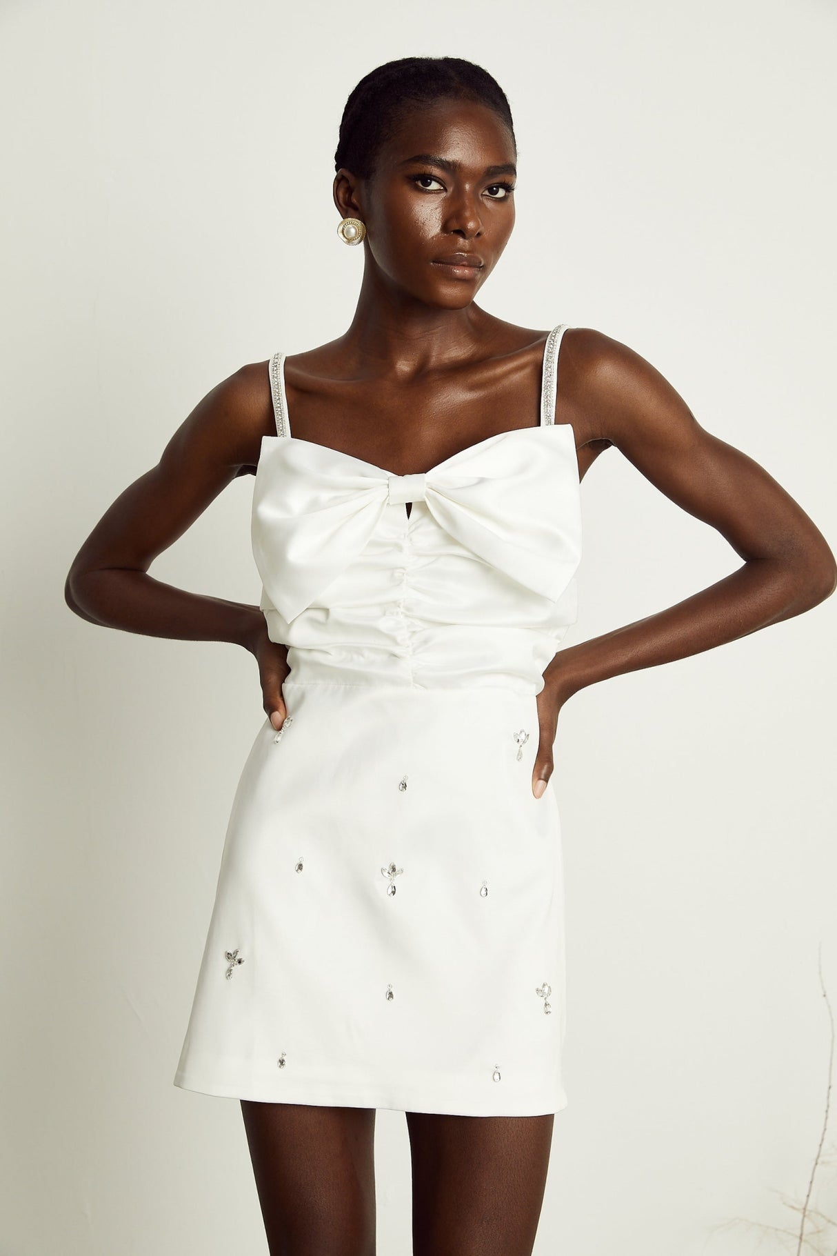 Lauretta Mini Dress Diamond Shoulder Straps Bowknot Embroidered