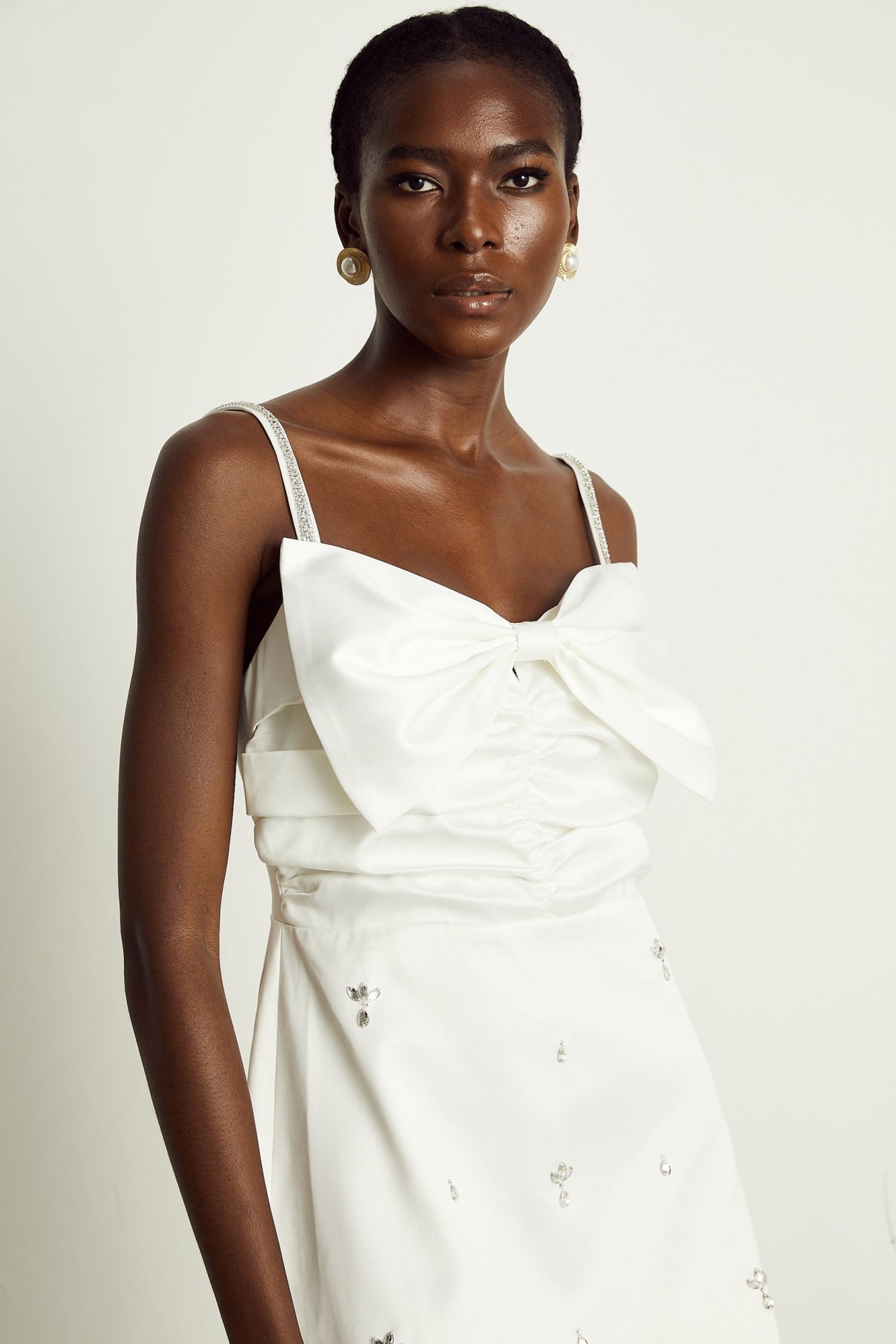 Lauretta Mini Dress Diamond Shoulder Straps Bowknot Embroidered