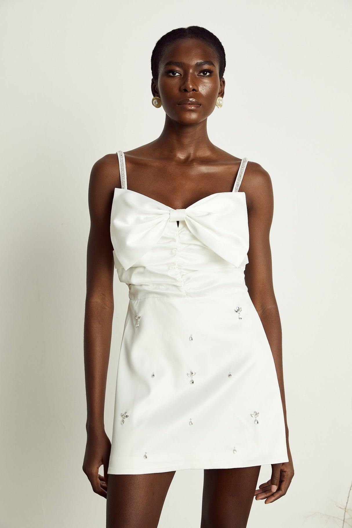 Lauretta Mini Dress Diamond Shoulder Straps Bowknot Embroidered