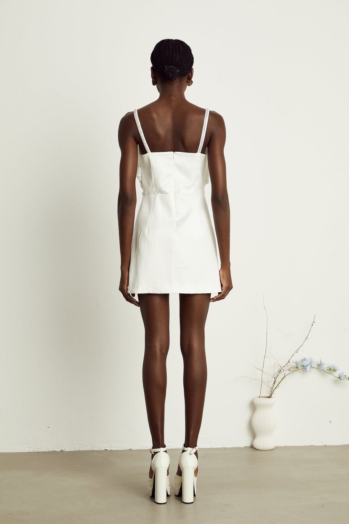 Lauretta Mini Dress Diamond Shoulder Straps Bowknot Embroidered