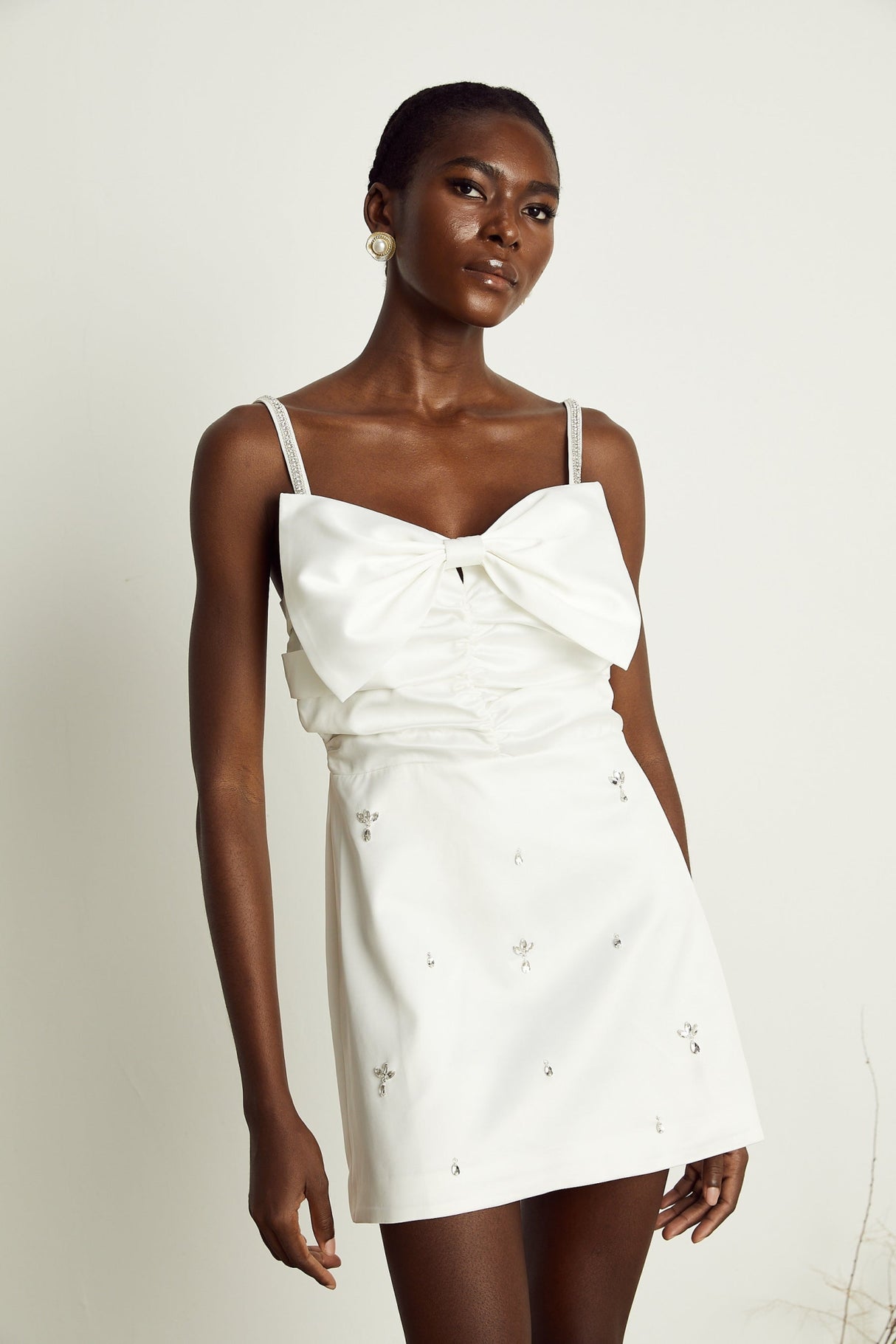 Lauretta Mini Dress Diamond Shoulder Straps Bowknot Embroidered