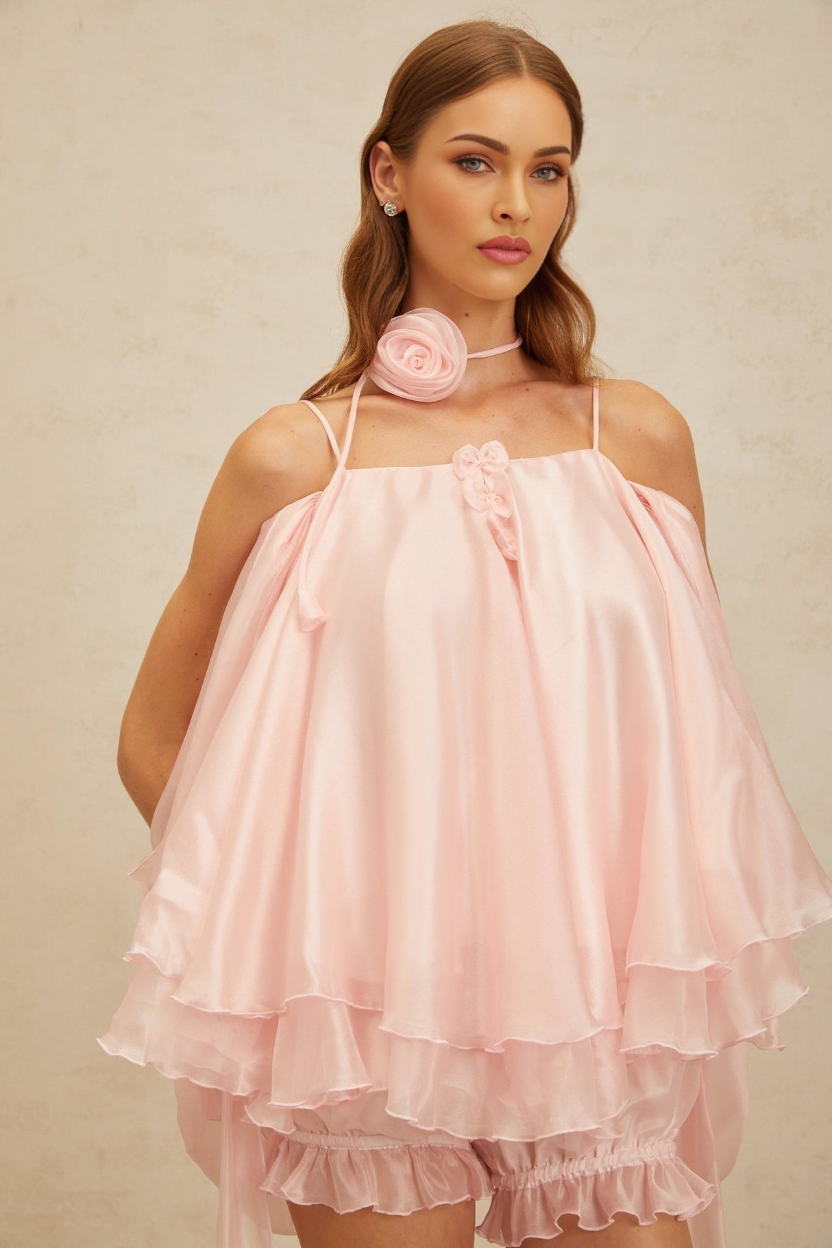 Lauretta Top & Shorts Set - Cold Shoulder - 3D - Petal Detailing - Ruffled Design - Layered Style - Elasticated Waistband