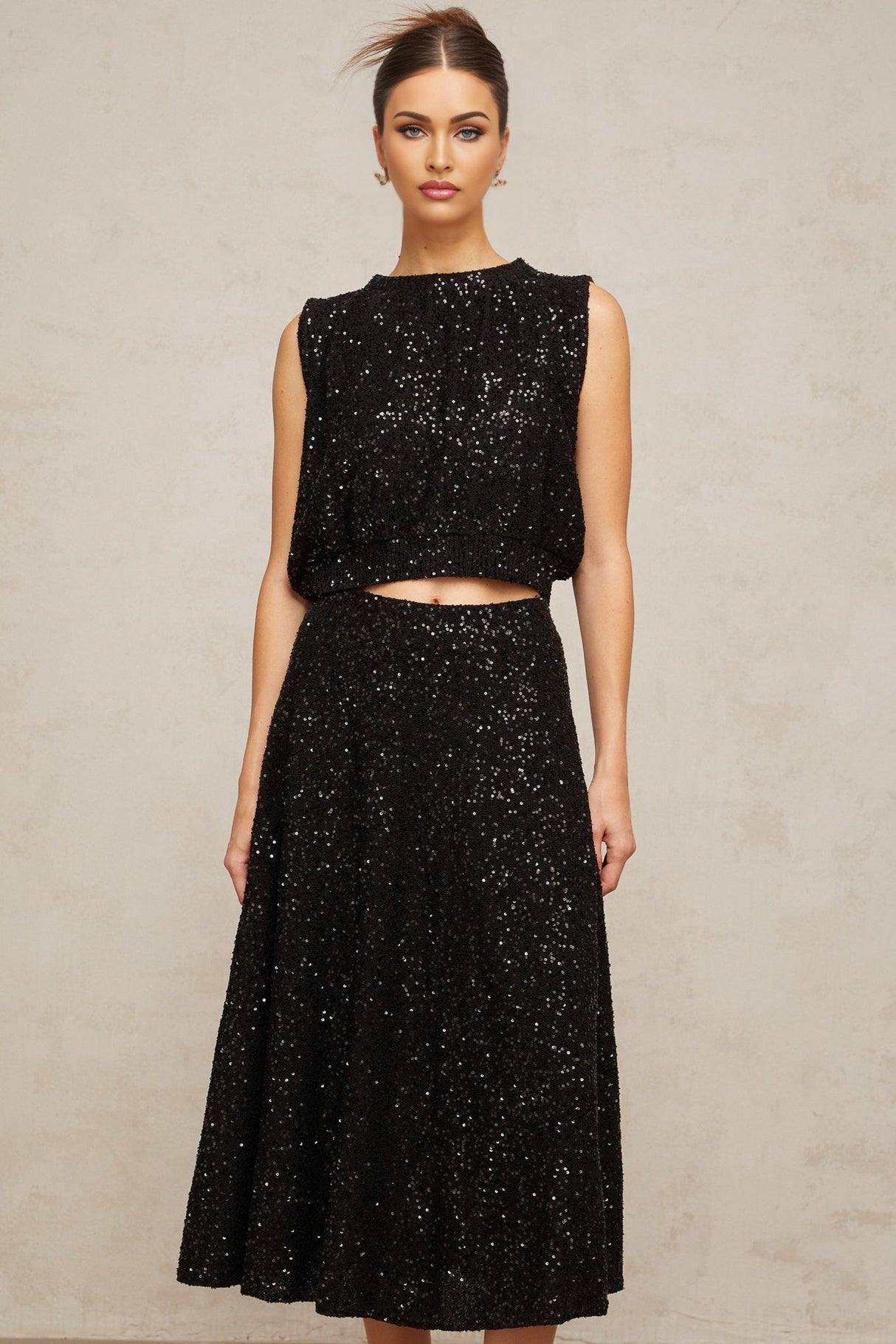 Lauretta Vest & Skirt Sequined Black Knit & Flared