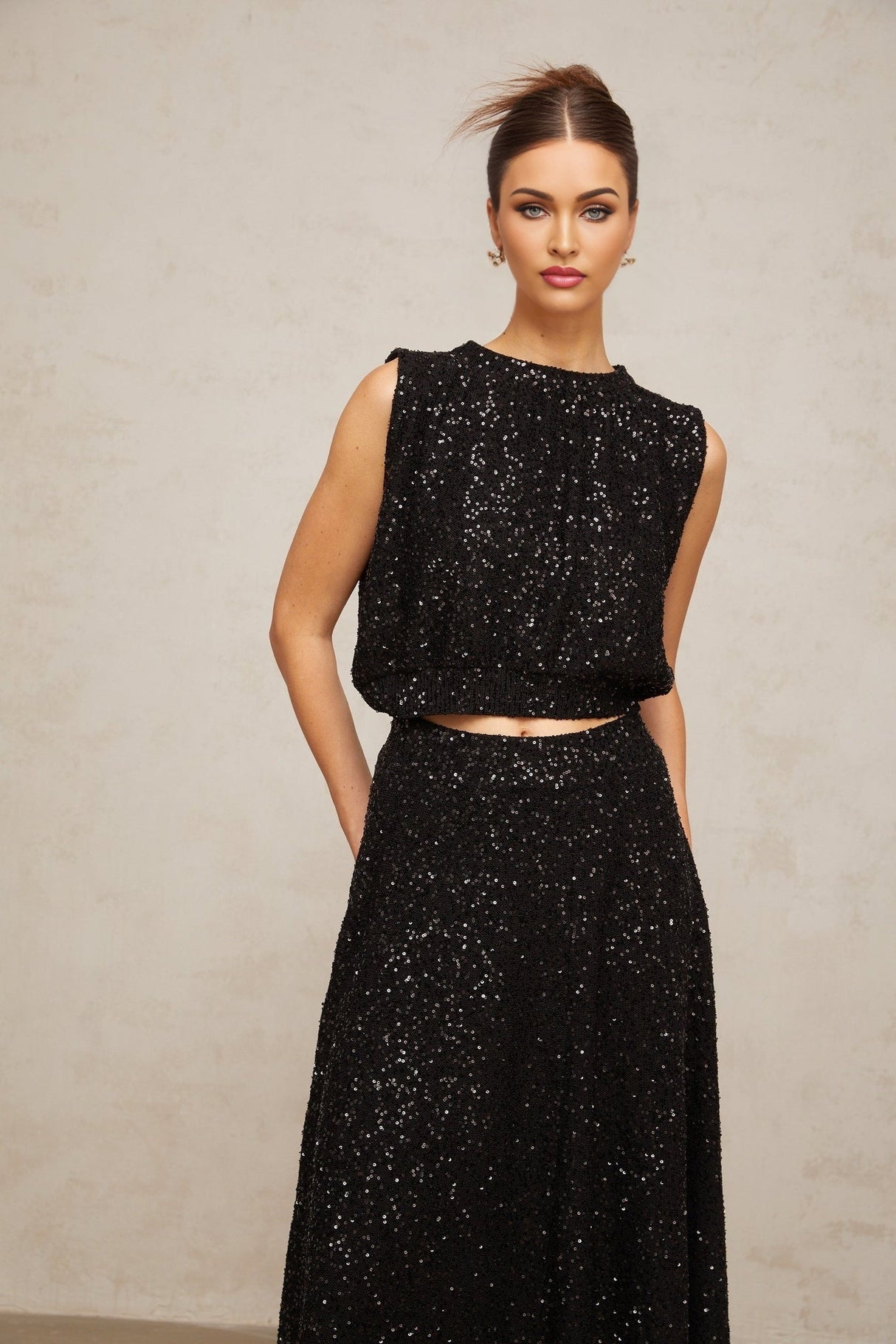 Lauretta Vest & Skirt Sequined Black Knit & Flared