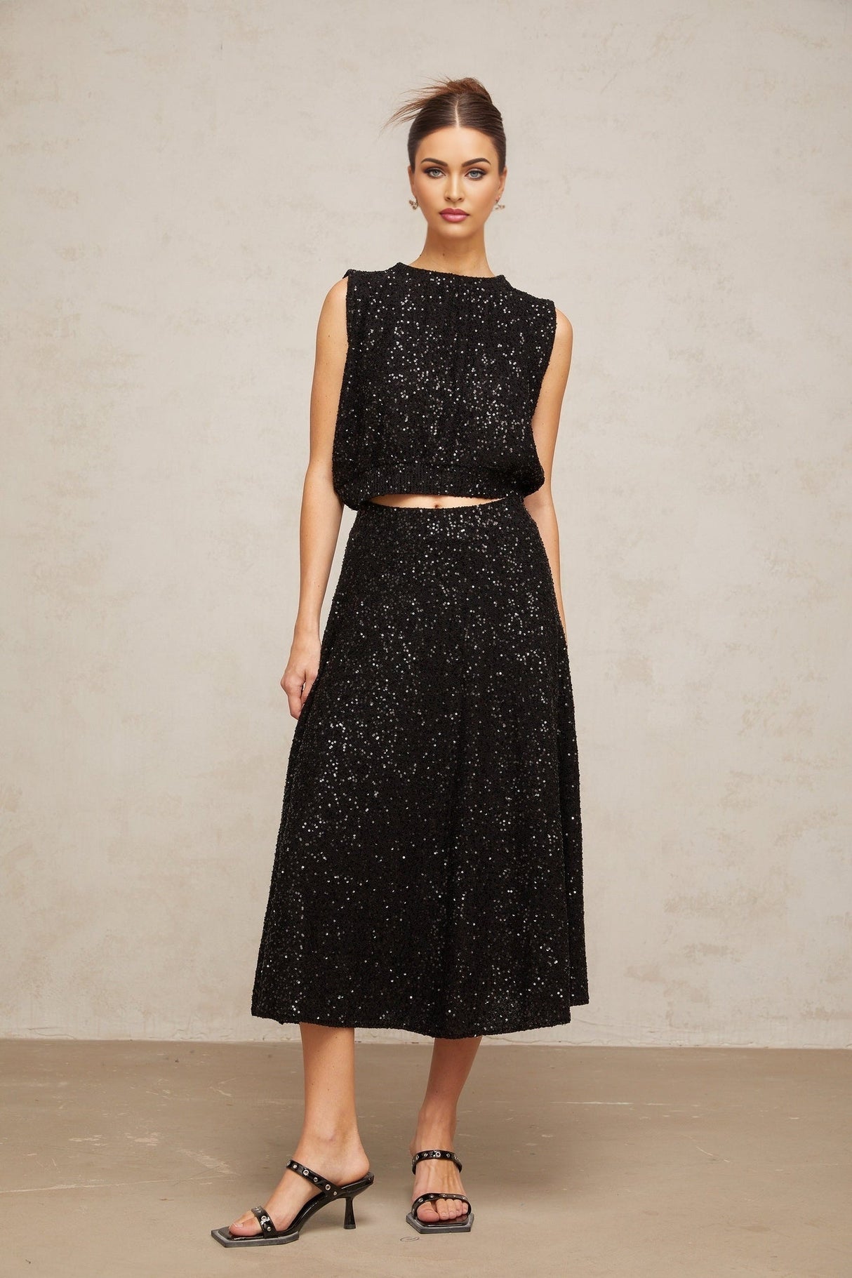 Lauretta Vest & Skirt Sequined Black Knit & Flared