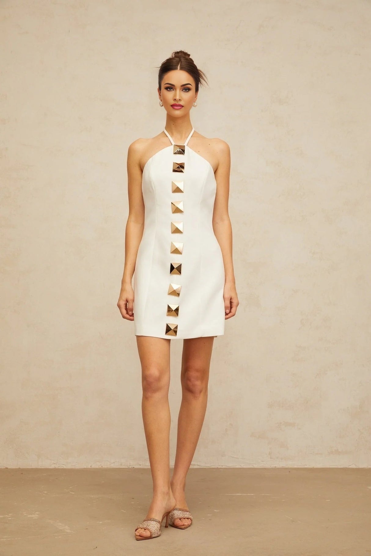 Leah Mini Dress White & Gold Halter - neck A - line Thigh - Length