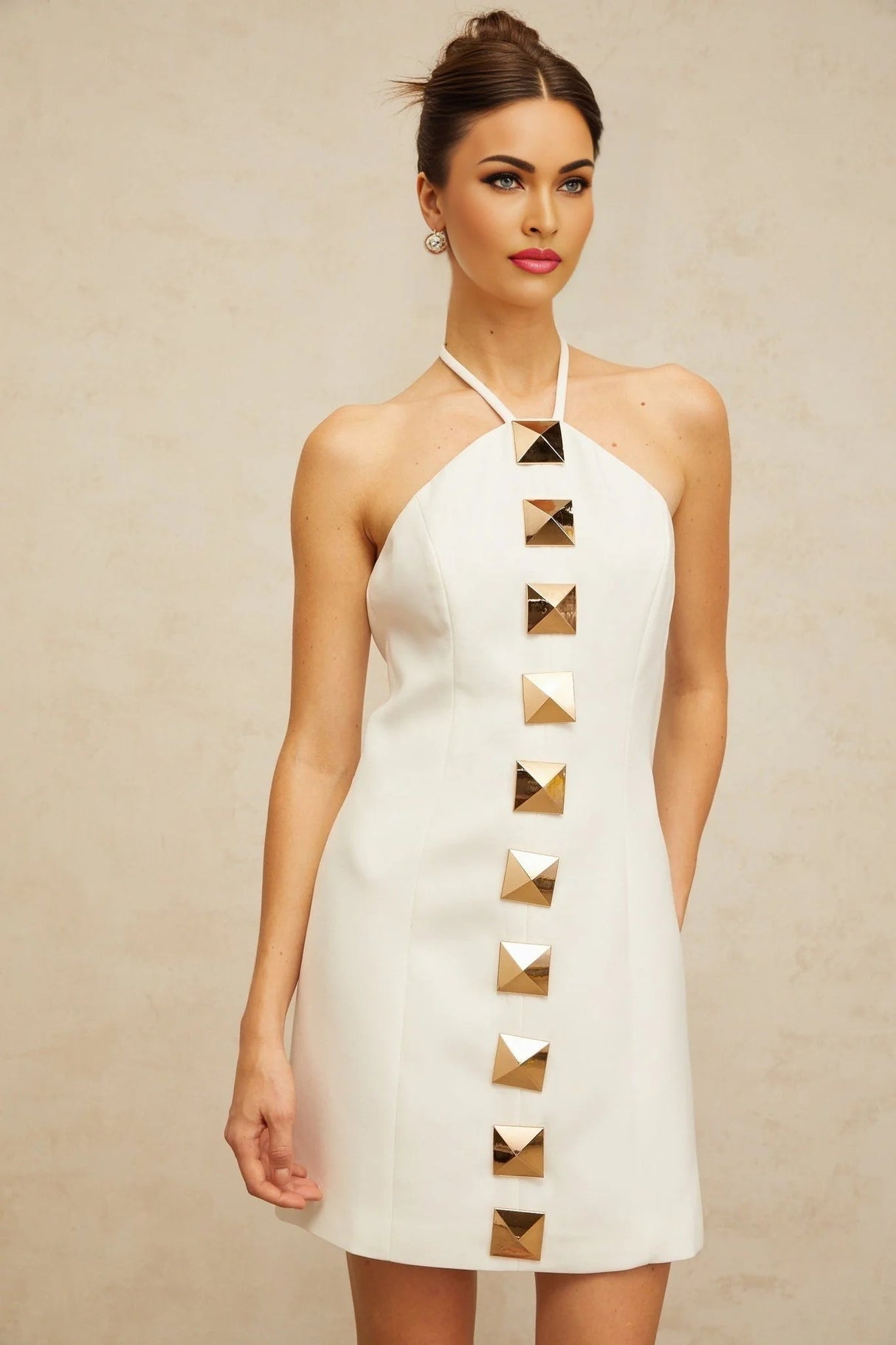 Leah Mini Dress White & Gold Halter - neck A - line Thigh - Length