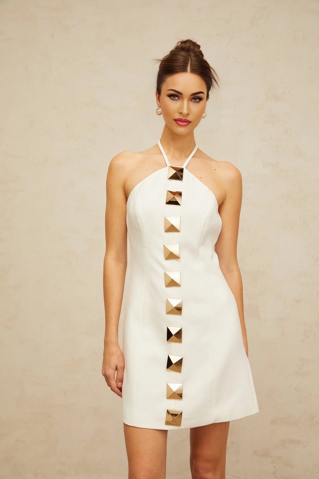 Leah Mini Dress White & Gold Halter - neck A - line Thigh - Length