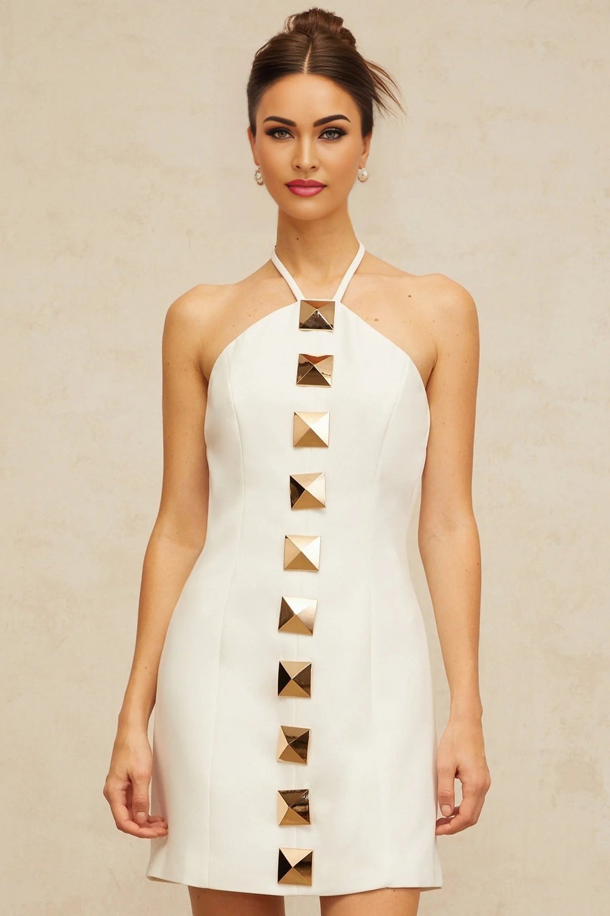 Leah Mini Dress White & Gold Halter - neck A - line Thigh - Length