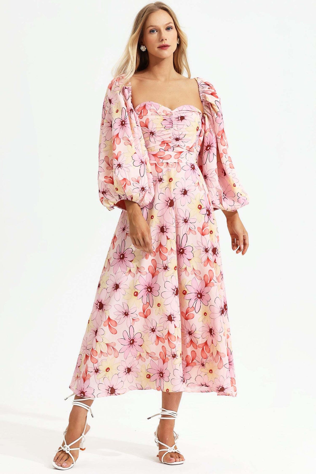Leilani Pink Floral Maxi Dress with Square Collar and Puff Sleeves