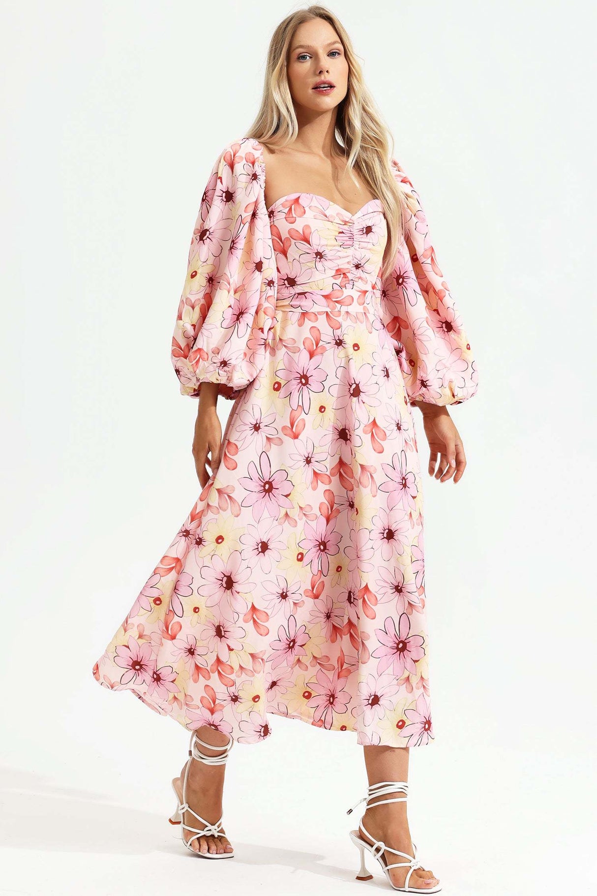 Leilani Pink Floral Maxi Dress Square Collar Backless Puff Sleeves Ruched Bodice