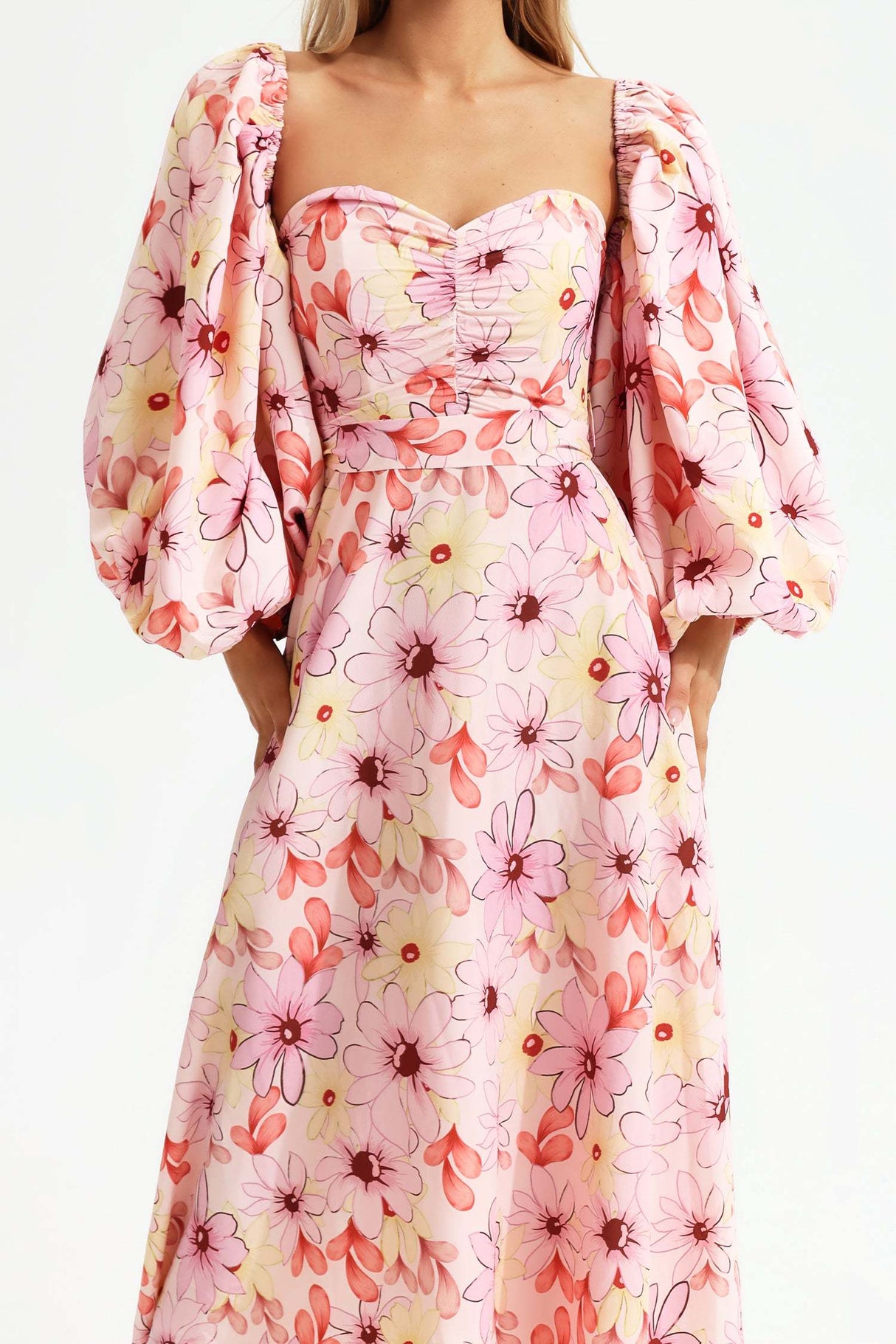 Leilani Pink Floral Maxi Dress with Square Collar and Puff Sleeves
