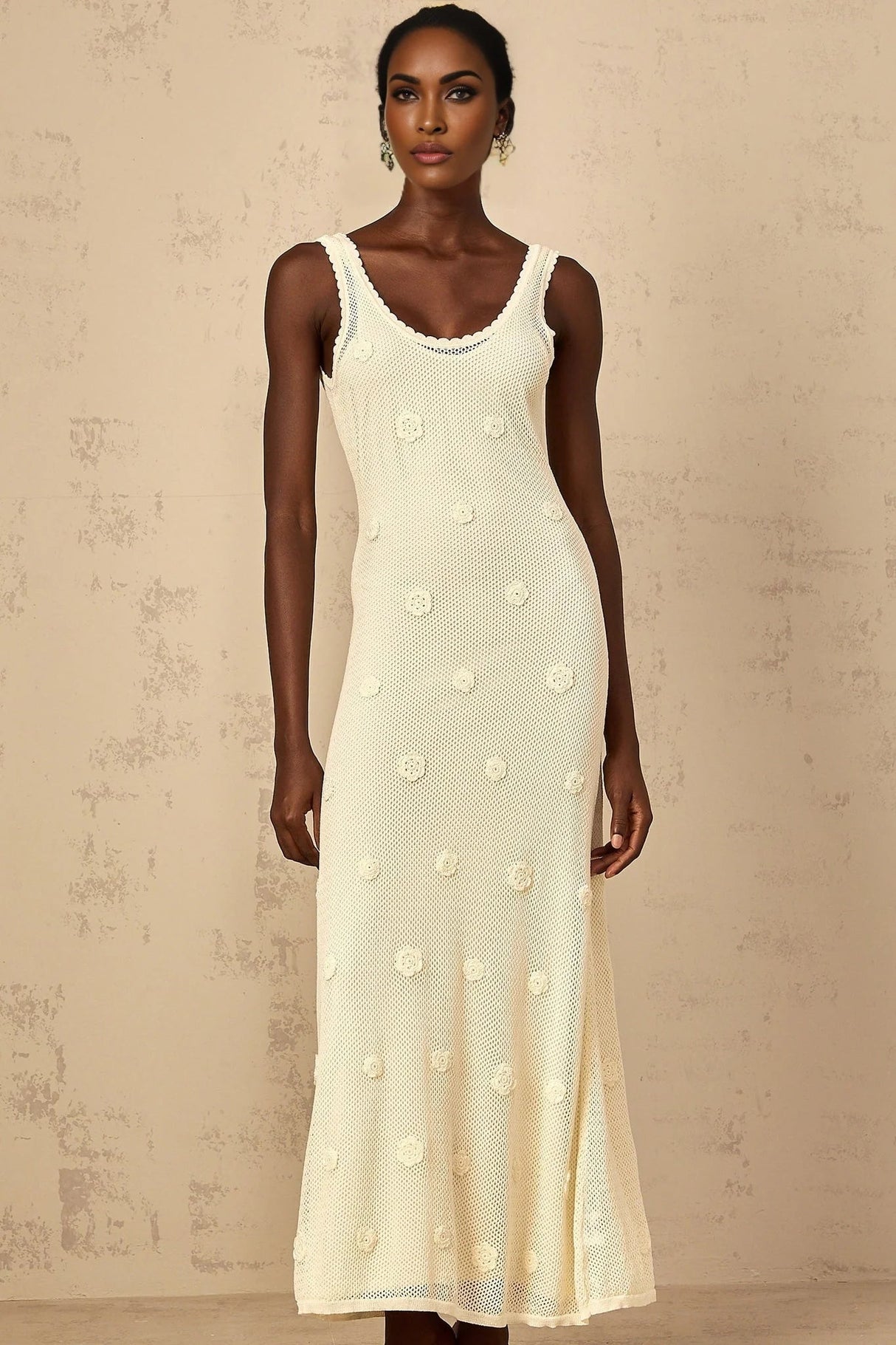 Leona Maxi Dress Floral Embroidered Crochet Knit & Tie - Back