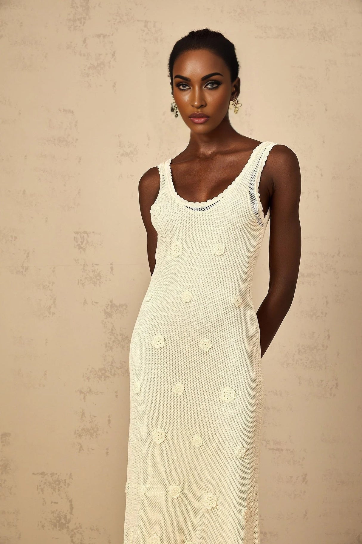 Leona Maxi Dress Floral Embroidered Crochet Knit & Tie - Back