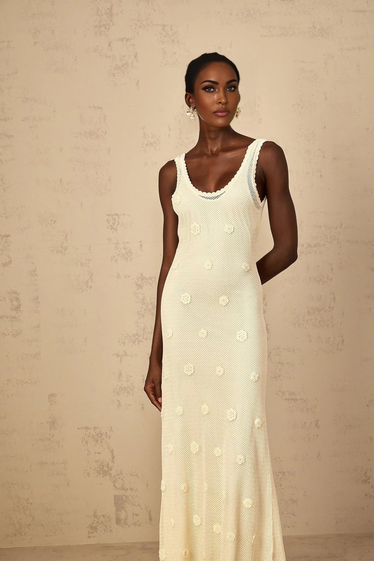 Leona Maxi Dress Floral Embroidered Crochet Knit & Tie - Back