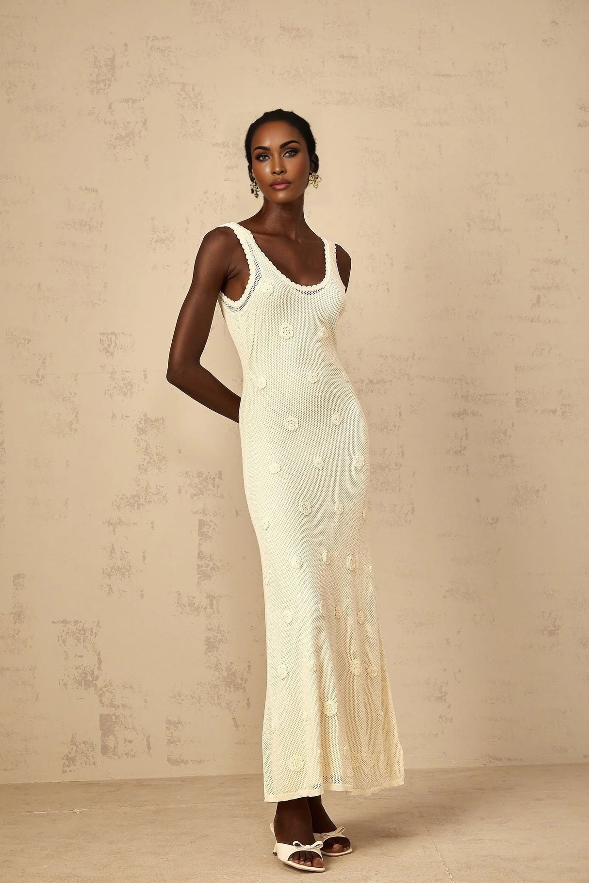 Leona Maxi Dress Floral Embroidered Crochet Knit & Tie - Back