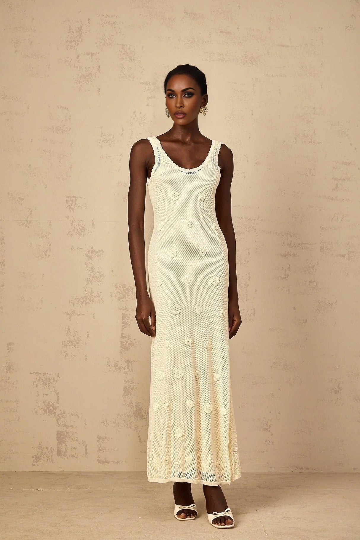 Leona Maxi Dress Floral Embroidered Crochet Knit & Tie - Back