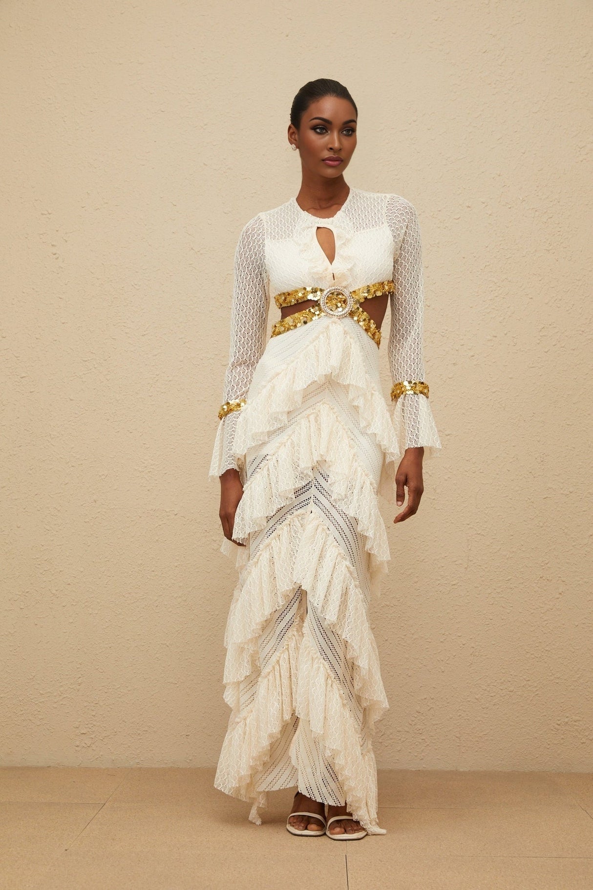 Leona Maxi Dress - Keyhole Neck - Lace Ruffles - Long Sleeves - Front Slit