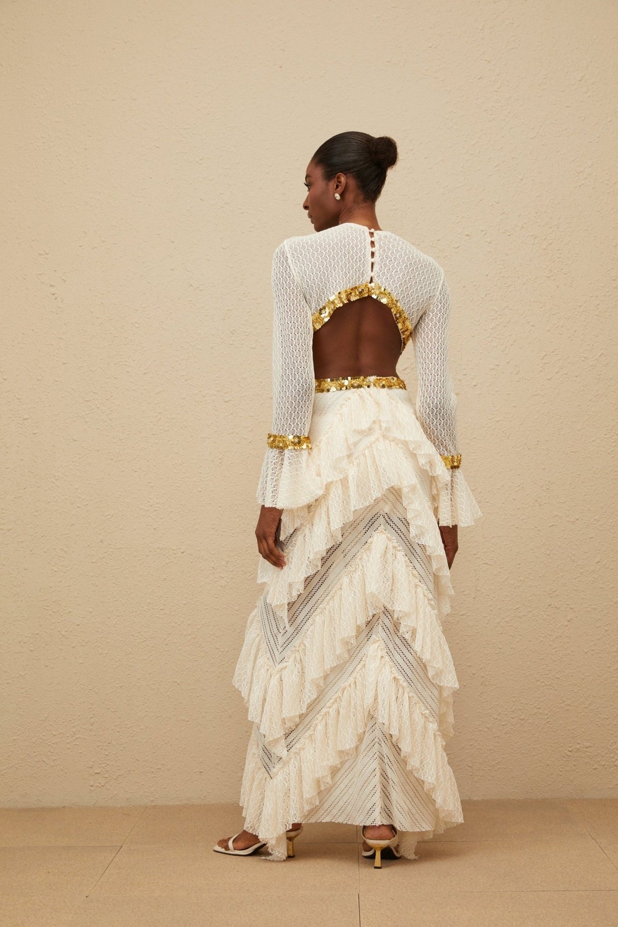 Leona Maxi Dress - Keyhole Neck - Lace Ruffles - Long Sleeves - Front Slit