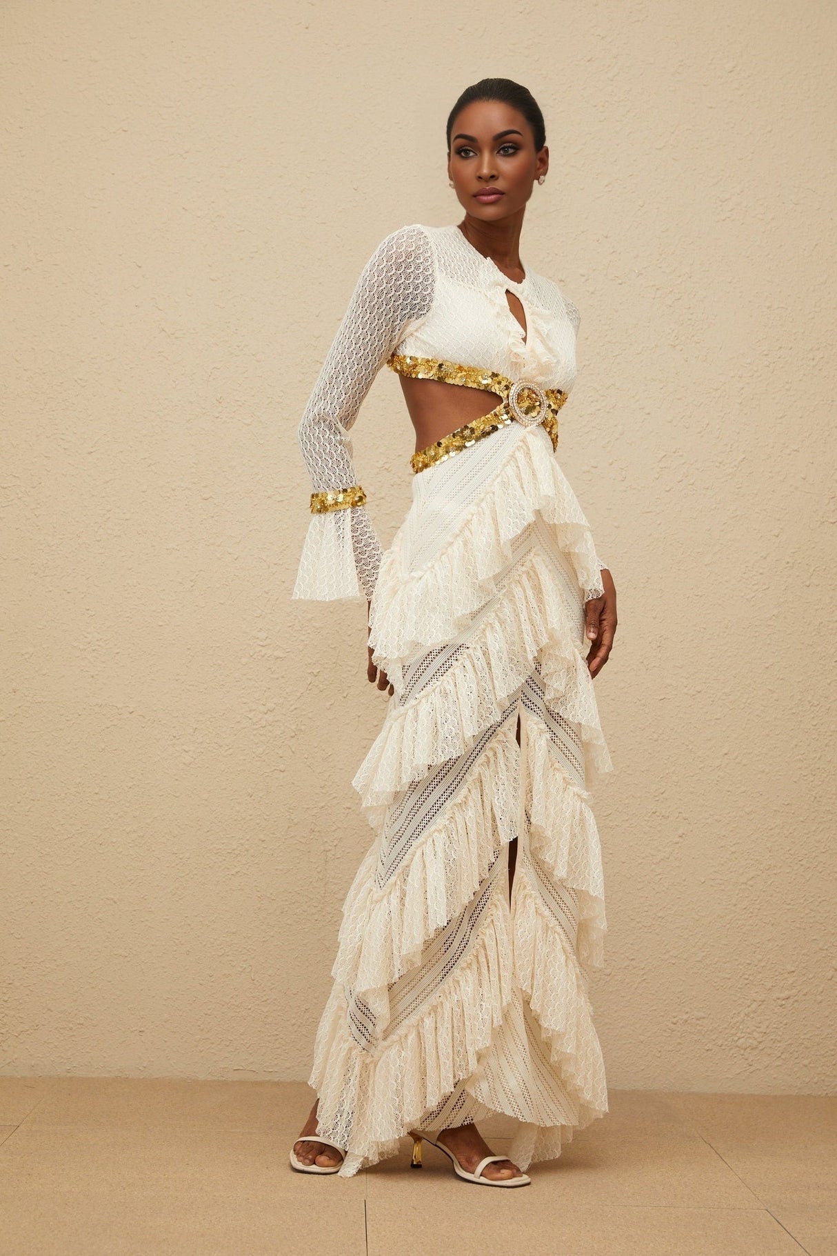 Leona Maxi Dress - Keyhole Neck - Lace Ruffles - Long Sleeves - Front Slit