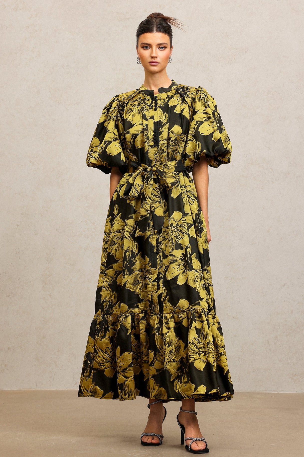 Leslie Black Floral Maxi Dress with Puff Sleeves and Tiered Skirt