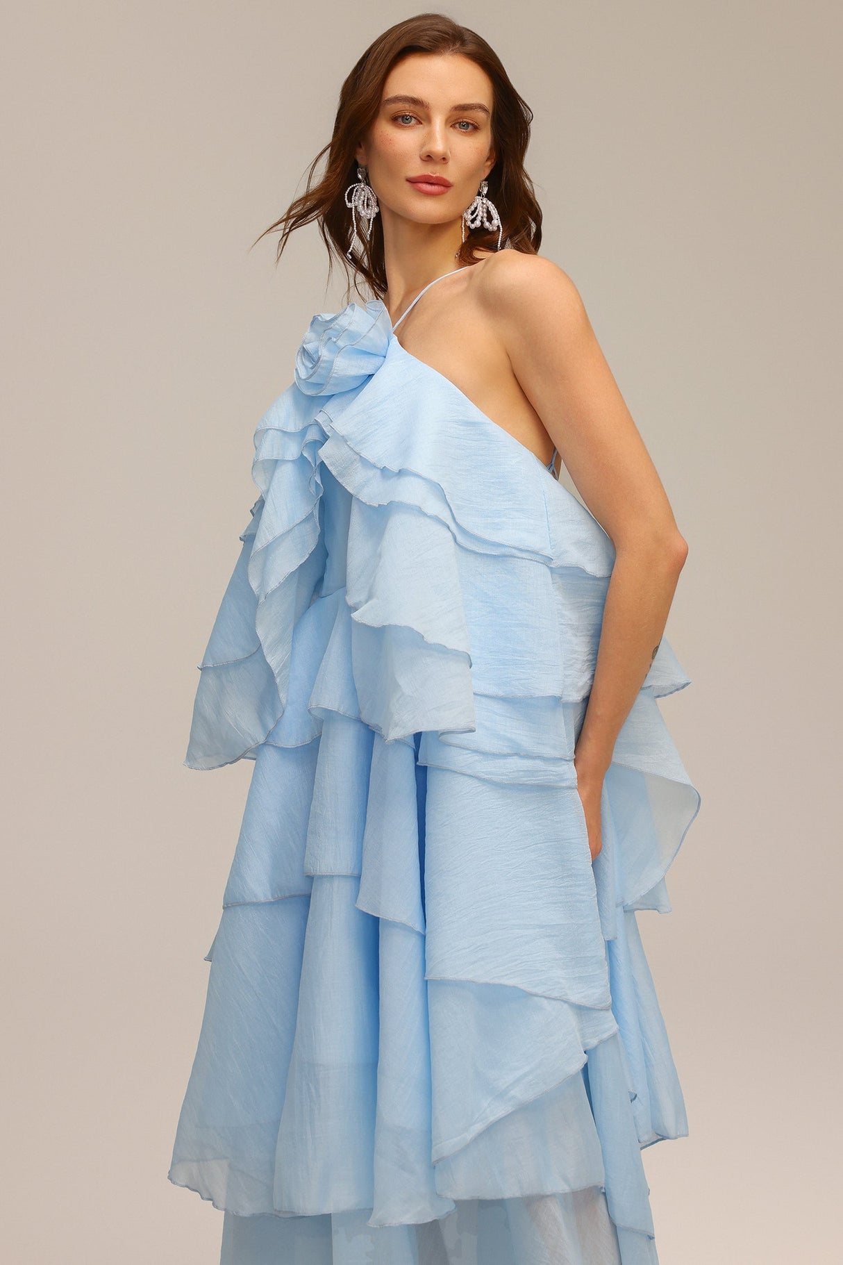 Leslie Blue Ruffled Maxi Dress with Flower Detailing