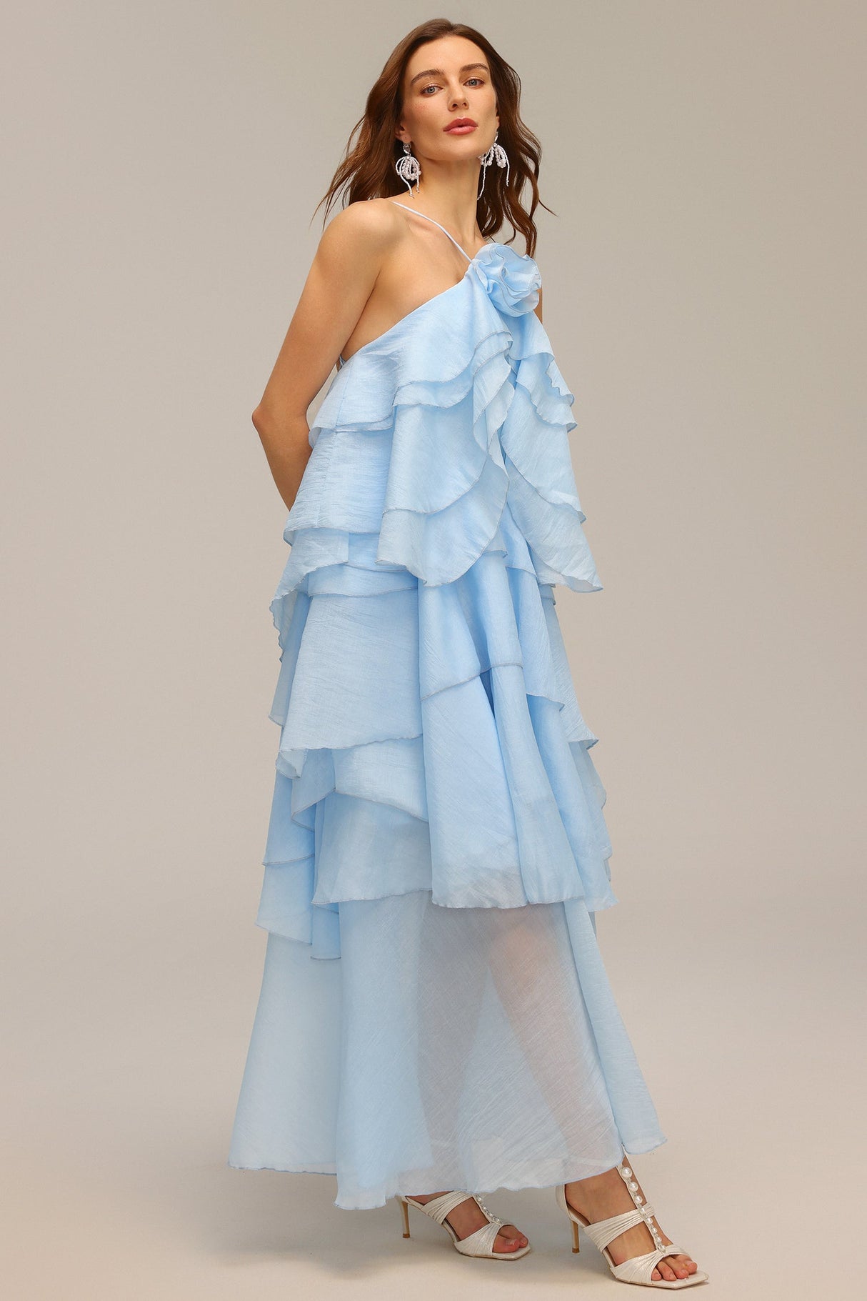 Leslie Blue Ruffled Maxi Dress with Flower Detailing and Layered Structure for Various Occasions