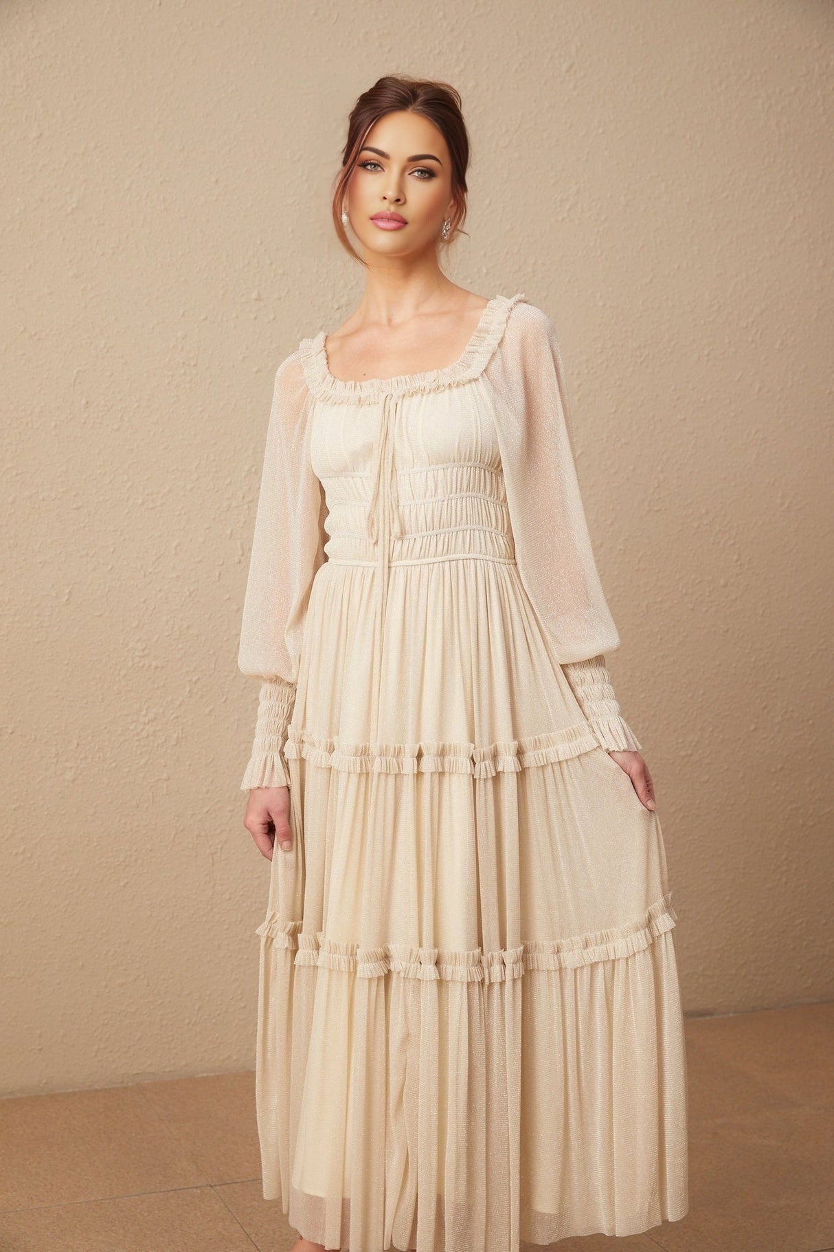 Leslie Metallic Threading Midi Dress in Neutrals