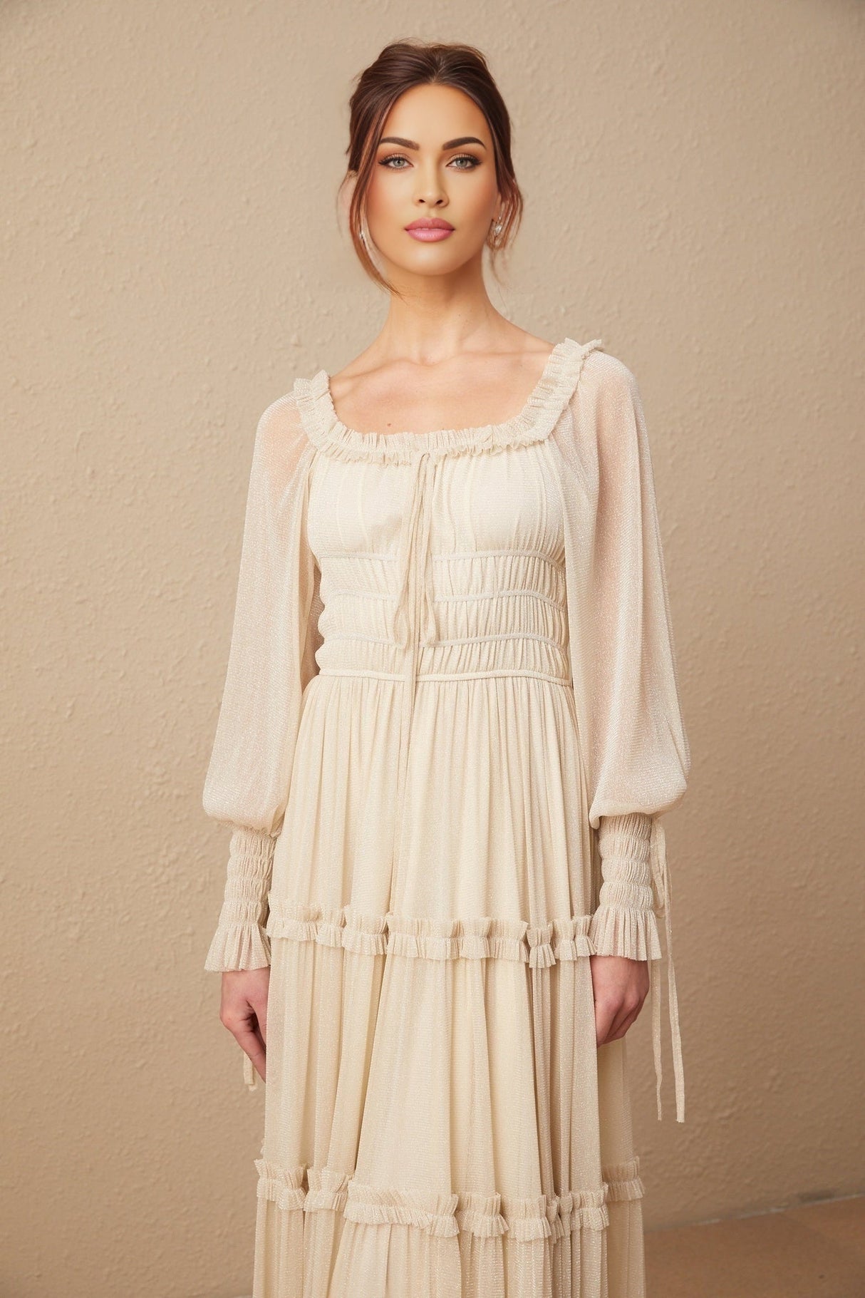 Leslie Metallic Threading Midi Dress in Neutrals