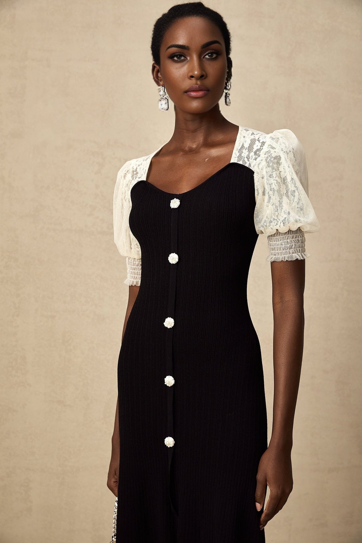 Leslie Midi Dress Sweetheart Neck Lace Panelled Puff Sleeves