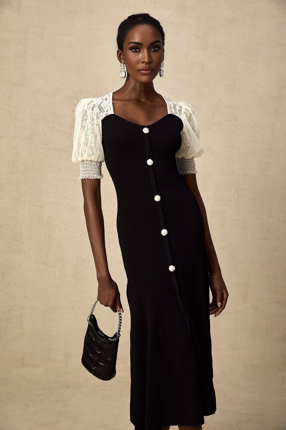 Leslie Midi Dress Sweetheart Neck Lace Panelled Puff Sleeves