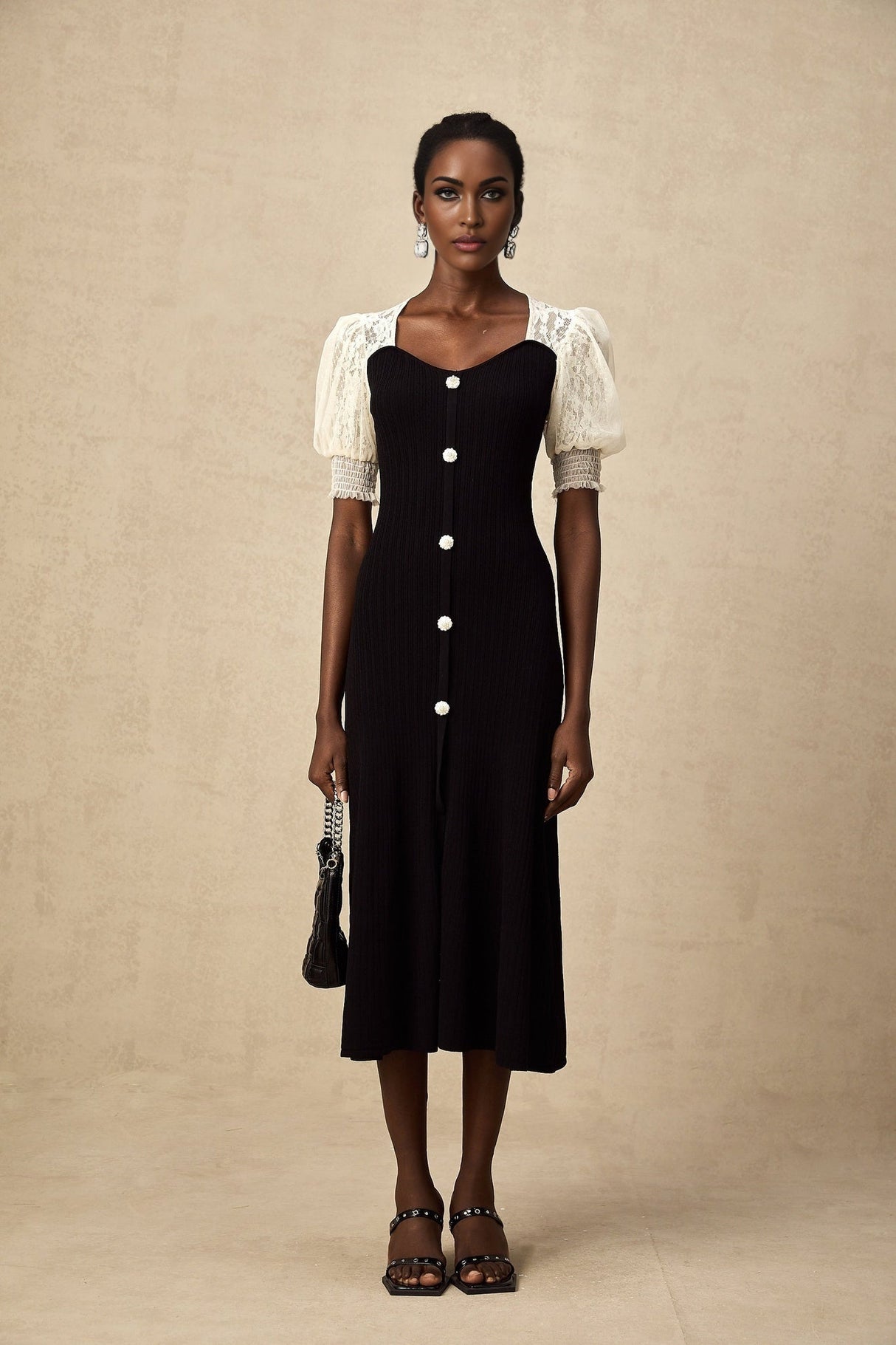 Leslie Midi Dress Sweetheart Neck Lace Panelled Puff Sleeves