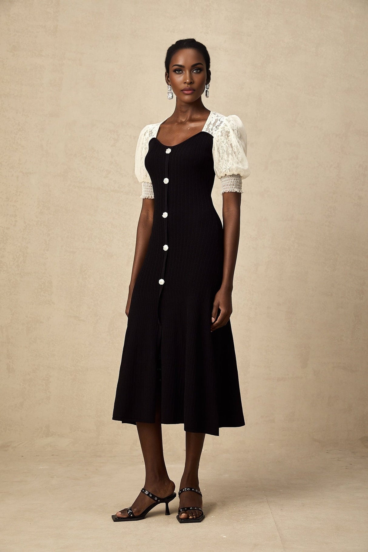 Leslie Midi Dress Sweetheart Neck Lace Panelled Puff Sleeves
