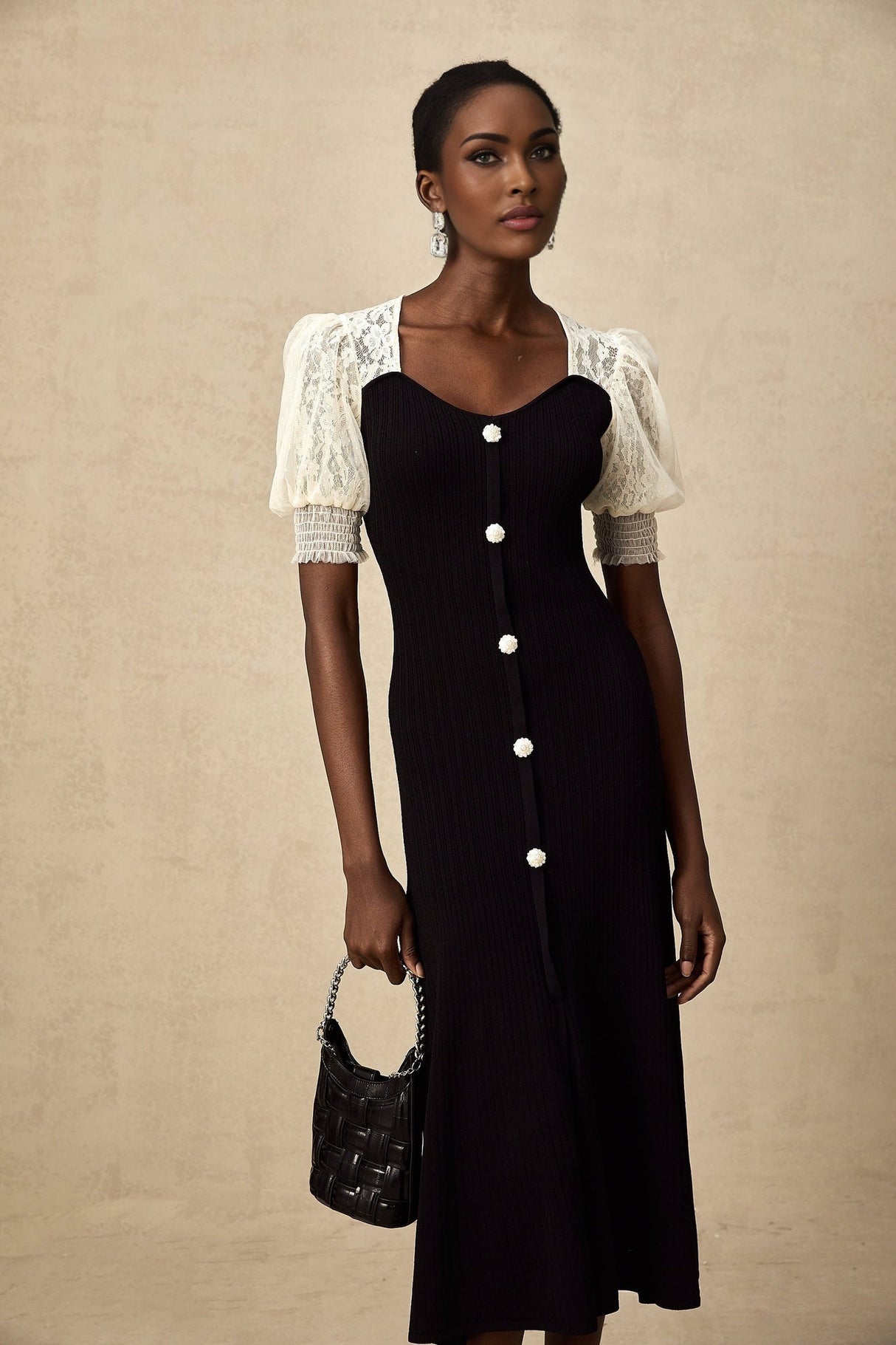 Leslie Midi Dress Sweetheart Neck Lace Panelled Puff Sleeves