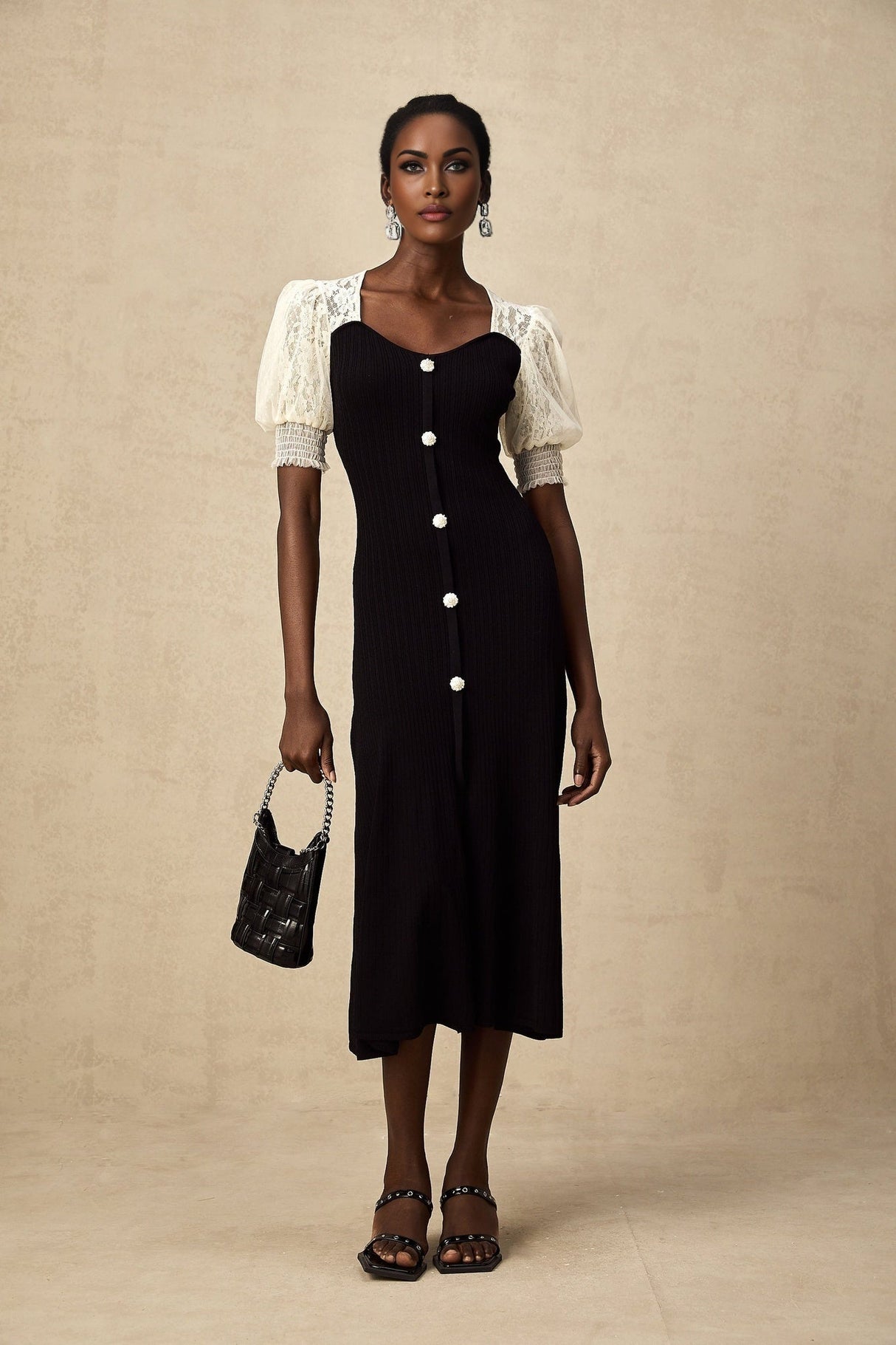 Leslie Midi Dress Sweetheart Neck Lace Panelled Puff Sleeves