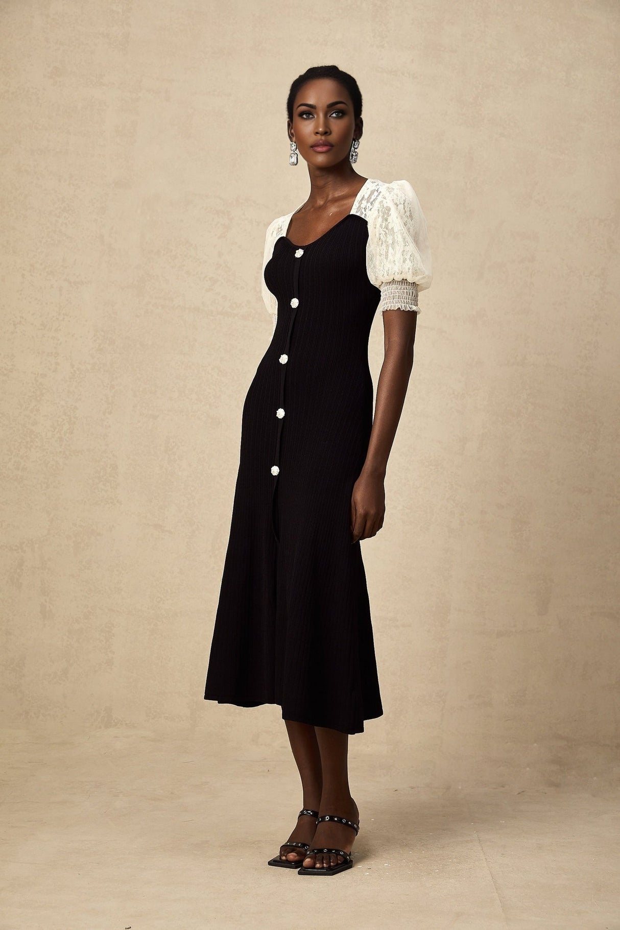 Leslie Midi Dress Sweetheart Neck Lace Panelled Puff Sleeves