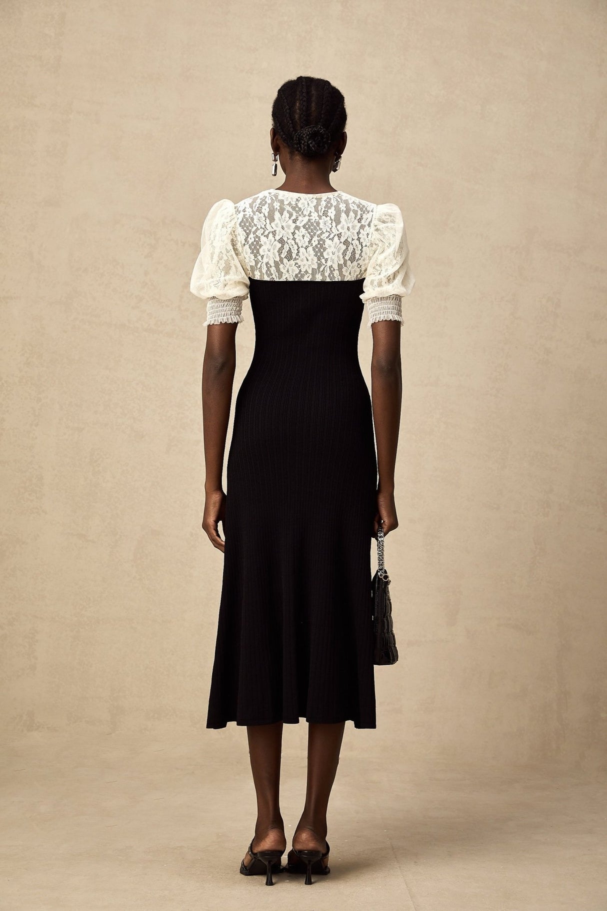 Leslie Midi Dress Sweetheart Neck Lace Panelled Puff Sleeves