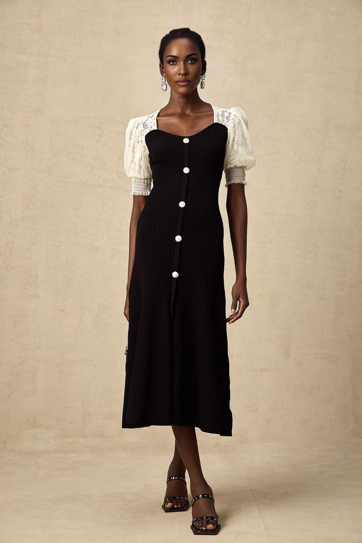 Leslie Midi Dress Sweetheart Neck Lace Panelled Puff Sleeves